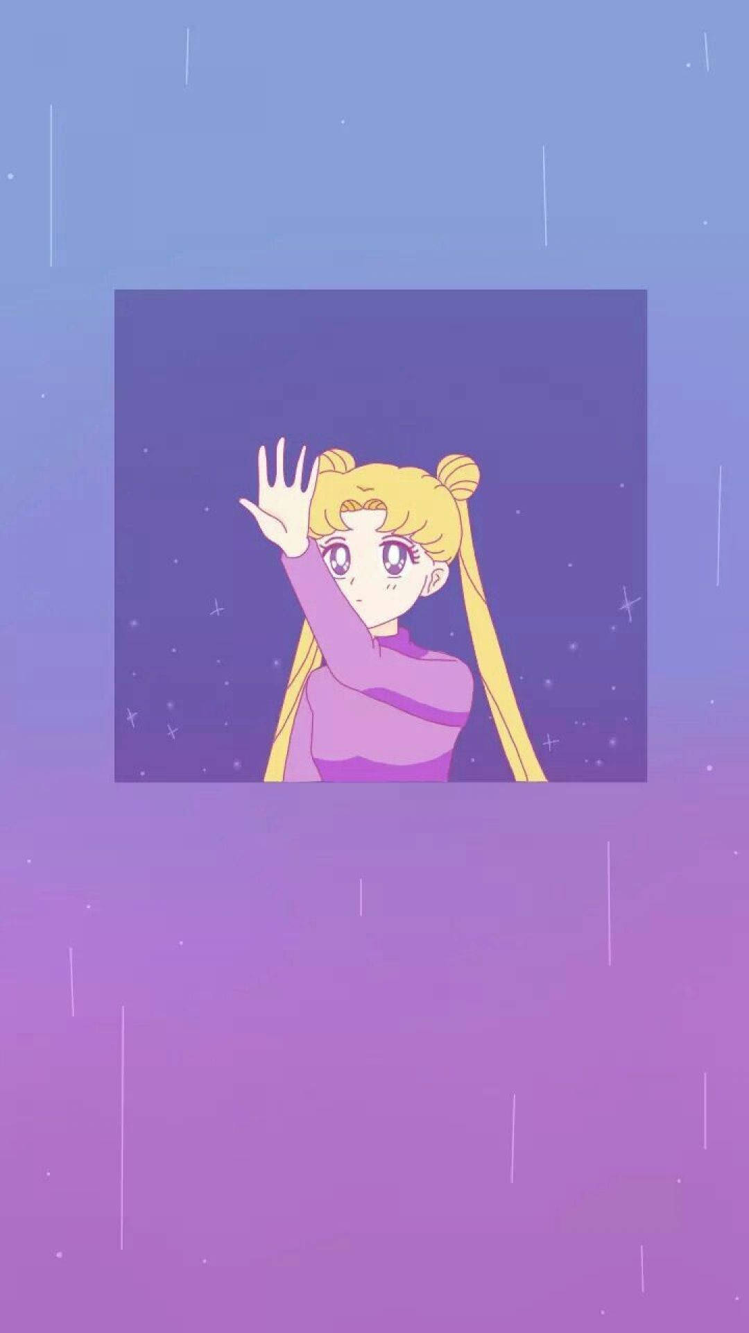 Purple Aesthetic Anime 桌布 壁紙 — 金髮雙馬尾的動漫女孩在紫色星空和落雨條紋的背景下從窗戶揮手。