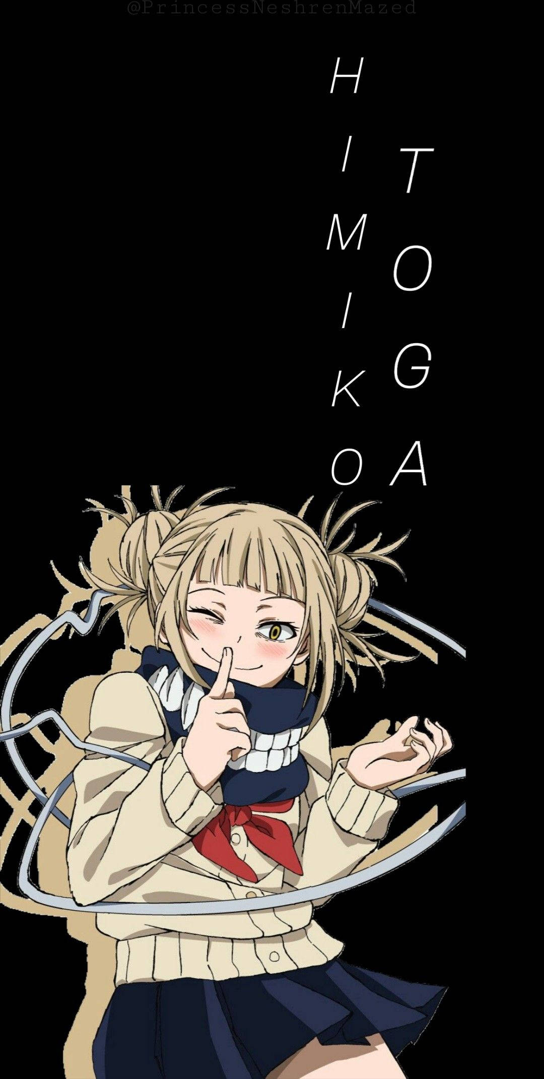 Toga 桌布 壁紙 — 金髮雙馬尾的動漫女孩在黑色背景上豎起手指放在嘴唇上眨眼，並帶有垂直文字。