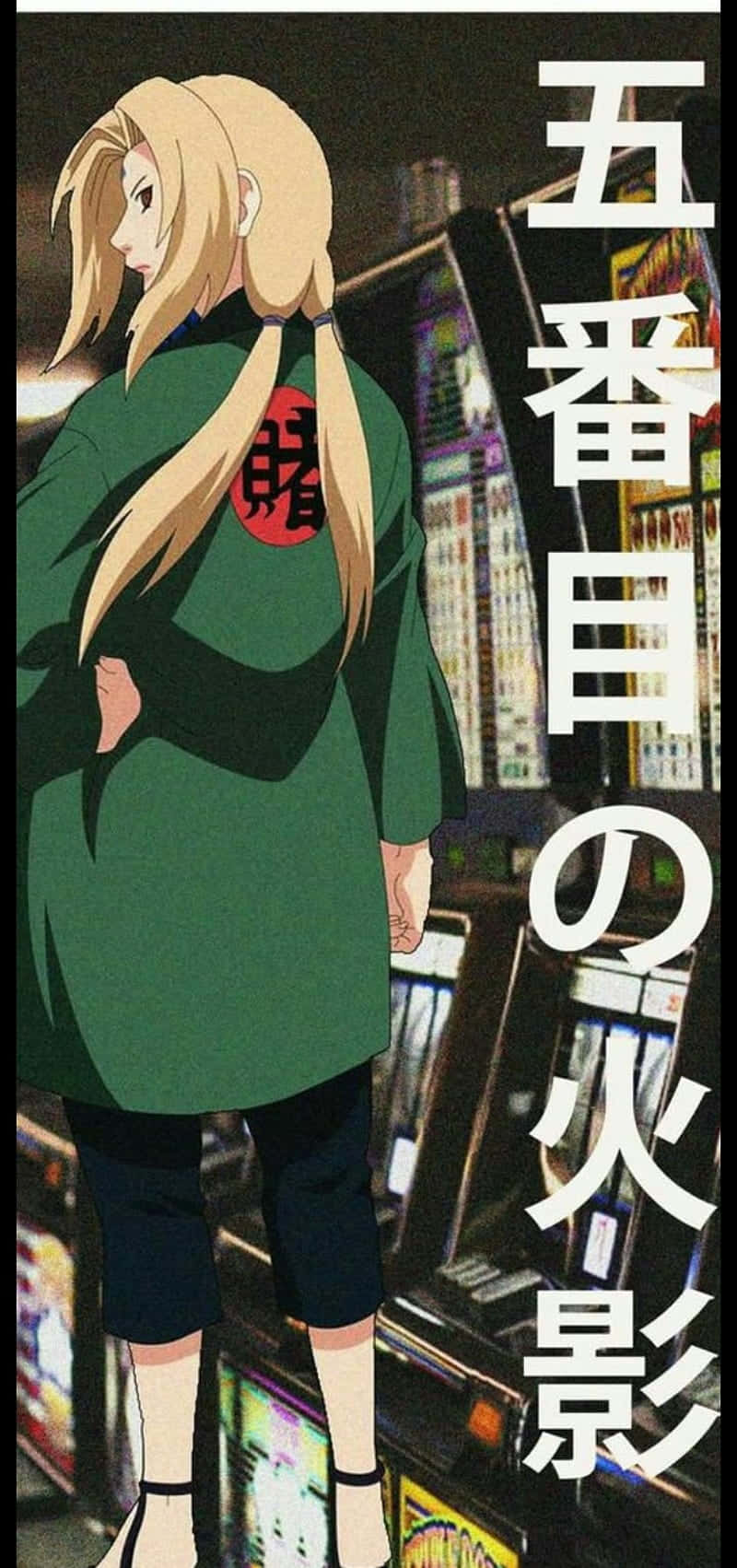 火影忍者 桌布 壁紙 — 金髮雙馬尾的動漫女孩穿著綠色外套，站在霓虹燈閃爍的遊戲機中心，身後是發光的機器。