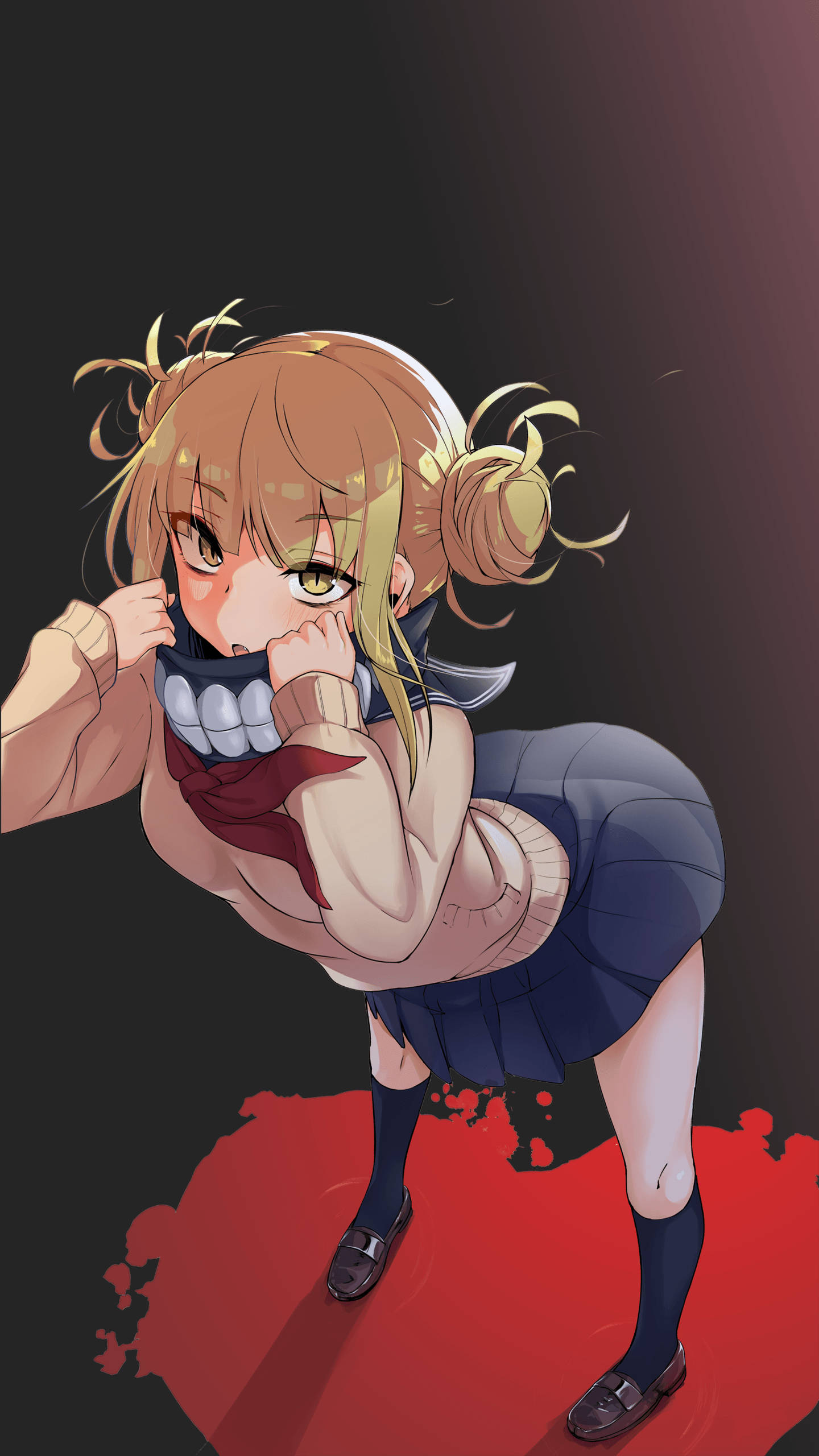 Toga 桌布 壁紙 — 金髮雙馬尾的動漫少女站在深色漸變背景前的紅色飛濺上，咬著帶刺的項圈。
