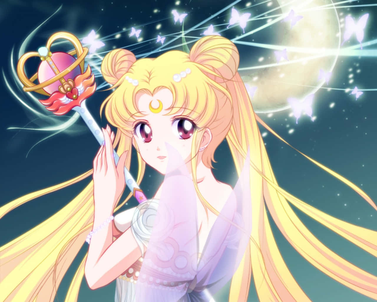 sailor moon crystal 桌布 壁紙 — 金髮額頭有新月標記的動漫女孩，在閃爍的蝴蝶和月光中手持發光法杖。