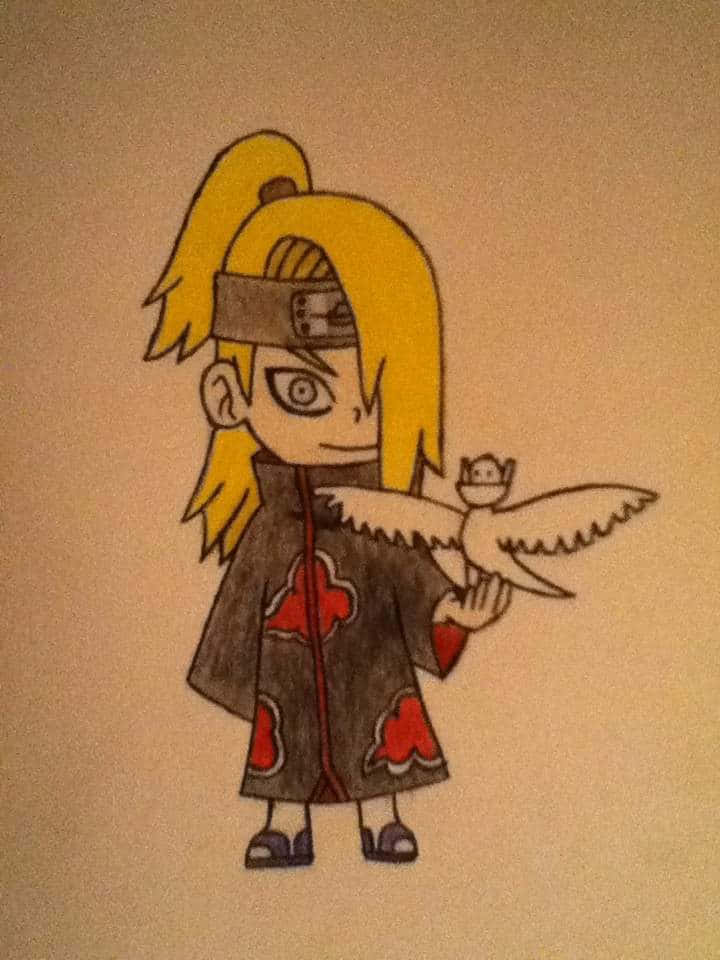 Akatsuki Chibi 桌布 壁紙 — 金髮馬尾辮、身穿紅色雲朵斗篷的Q版動漫角色，在米色背景上抱著一隻小鳥。