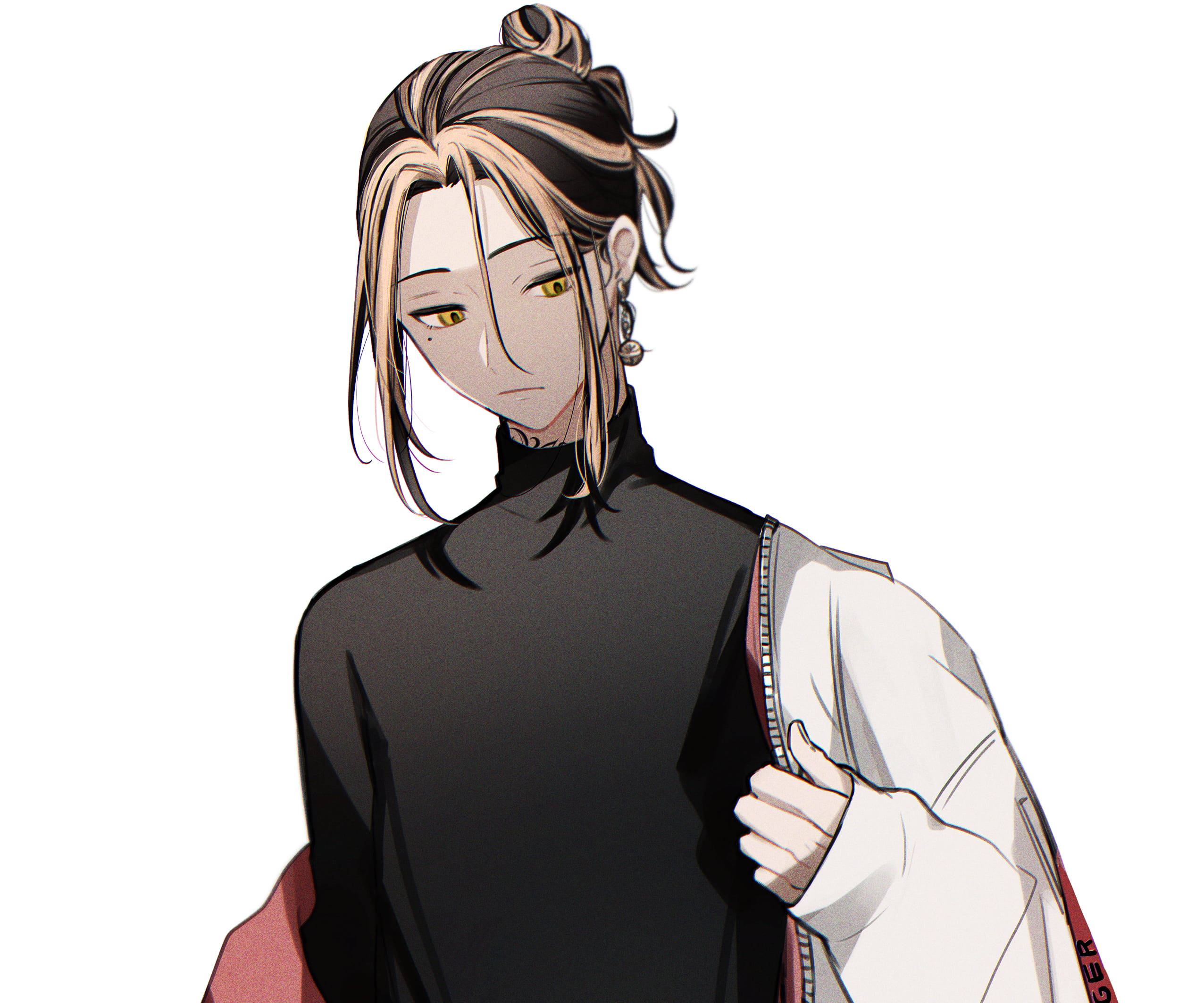 kazutora hanemiya 桌布 壁紙 — 金髮黃眼動漫角色，穿著黑色高領毛衣和白色外套，背景為純白色。