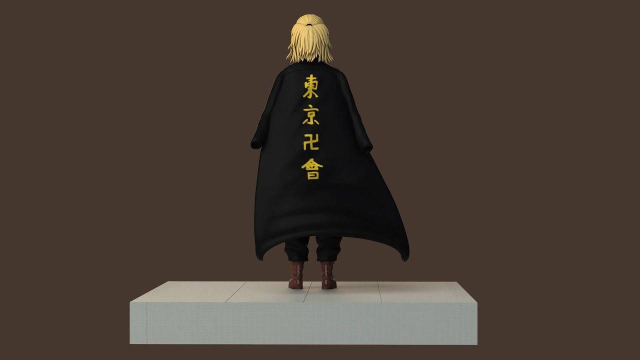 mikey 桌布 壁紙 — 金髮黑斗篷帶金色漢字的動漫人物站在棕色背景的底座上。