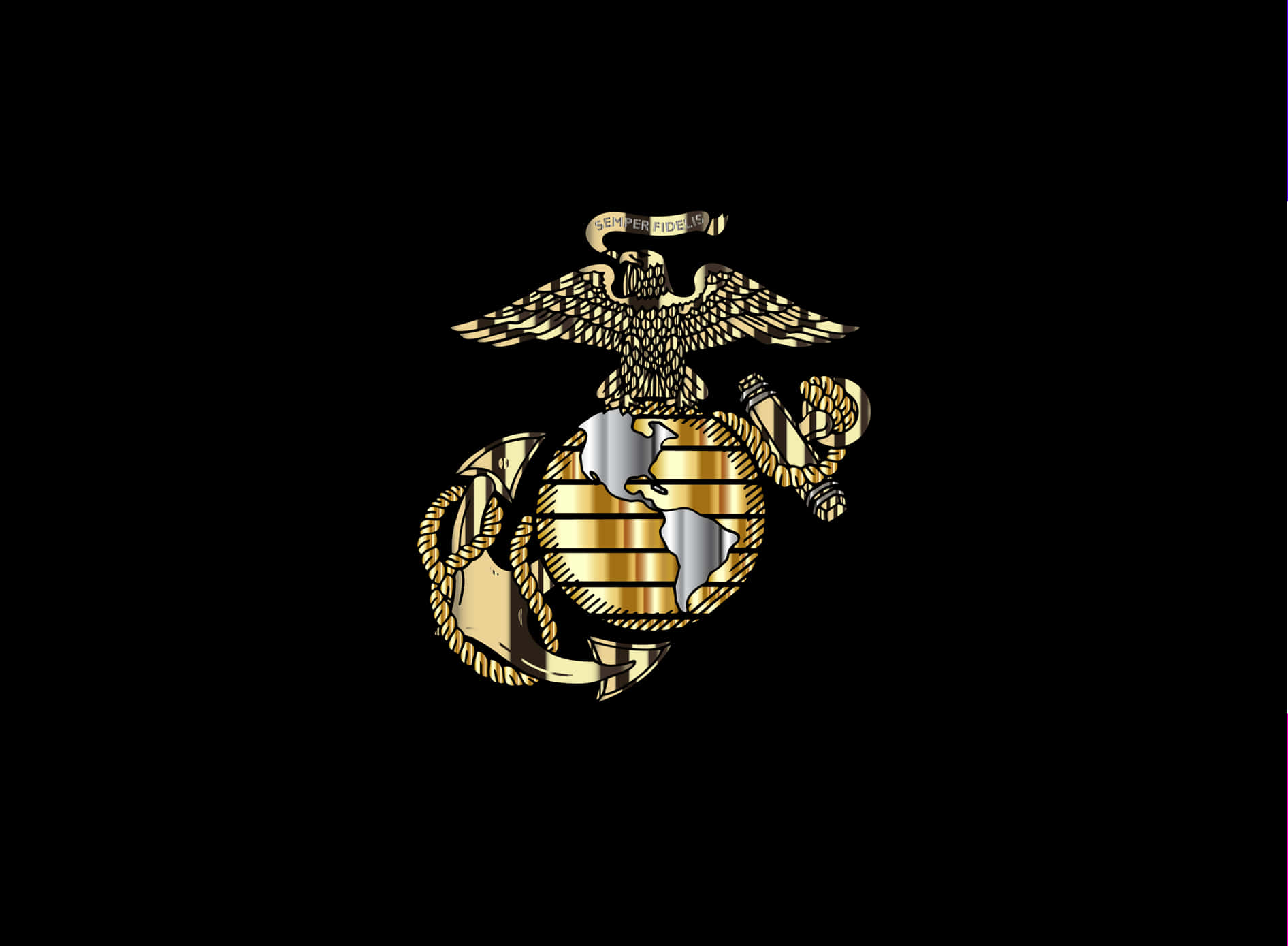Usmc 桌布 壁紙 — 金鷹棲息在地球儀頂部，帶有錨和繩索，背景為純黑色。