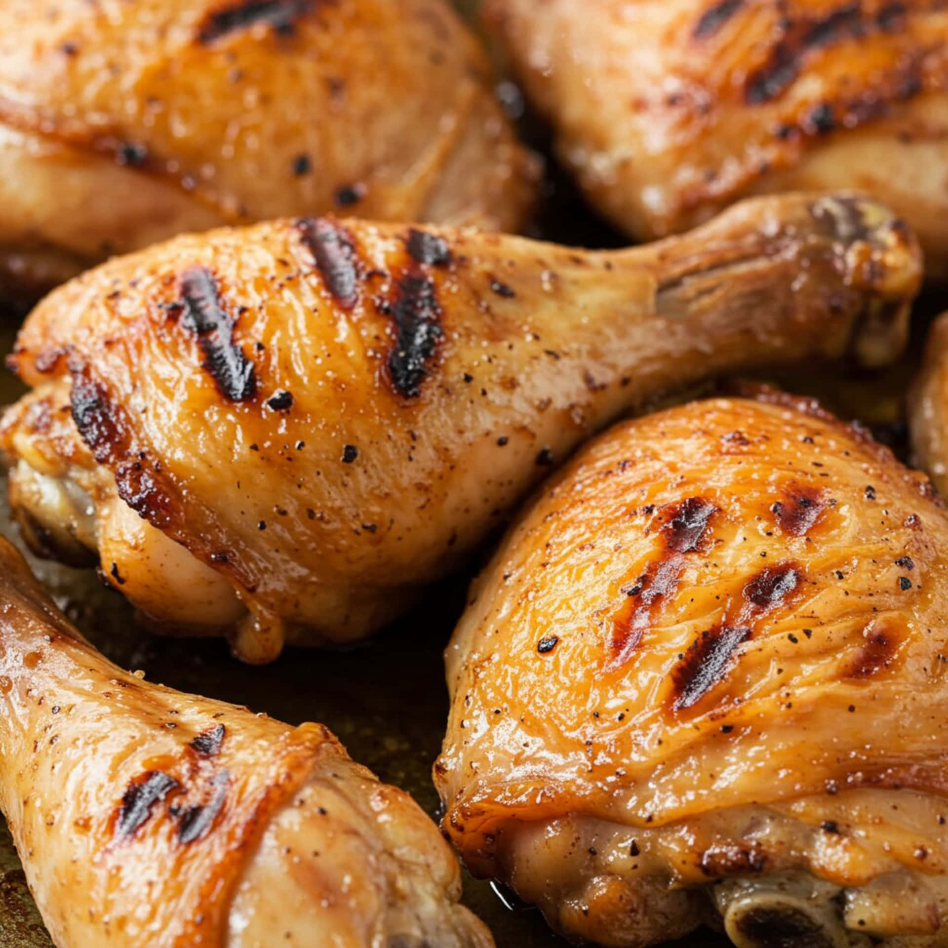 Chicken thigh texture 壁紙 — 金黃色烤雞腿的特寫，帶有燒焦痕跡和黑胡椒調味。