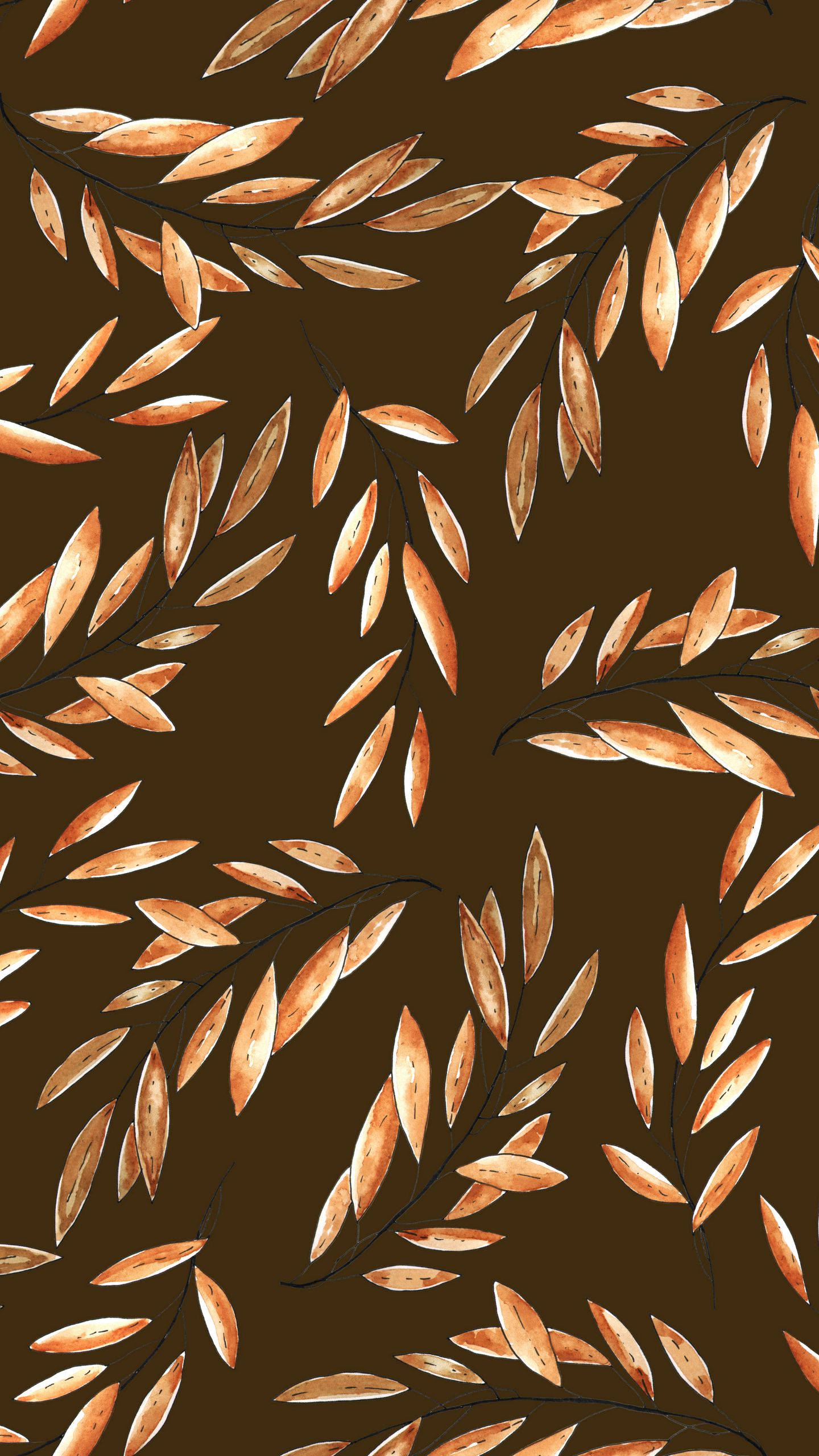 Brown iPhone 桌布 壁紙 — 金黃色的秋葉在濃郁的棕色背景上以重複的水彩圖案優雅飄落。