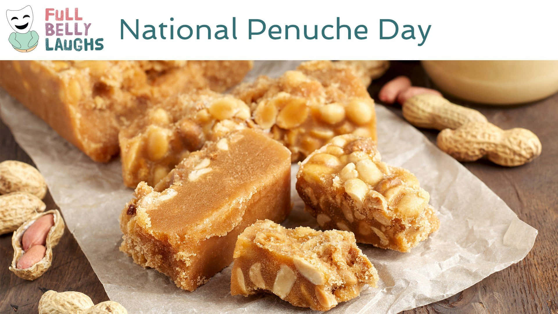 Penuche Fudge 桌布 壁紙 — 金黃色的花生脆片放在烘焙紙上，旁邊有完整花生，置於質樸的木質表面上。