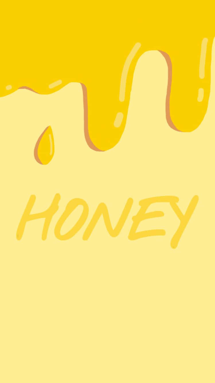 Yellow 桌布 壁紙 — 金黃色的蜂蜜以濃稠黏膩的流柱滴落在淡黃色背景上，下方寫著「蜂蜜」一詞。