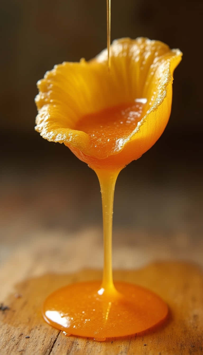 Flower 壁紙 — 金黃色的蜂蜜從切開的橙子上滴落到木質表面，形成緩慢而黏稠的瀑布。