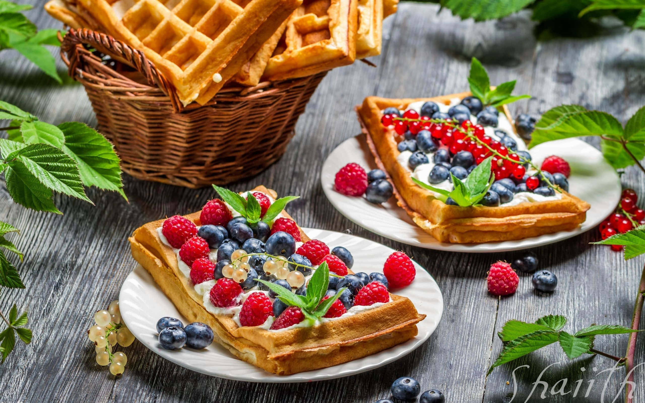 Waffle 桌布 壁紙 — 金黃色鬆餅搭配新鮮莓果和鮮奶油，放在盤子上，旁邊有一個籃子，置於鄉村風木桌上。