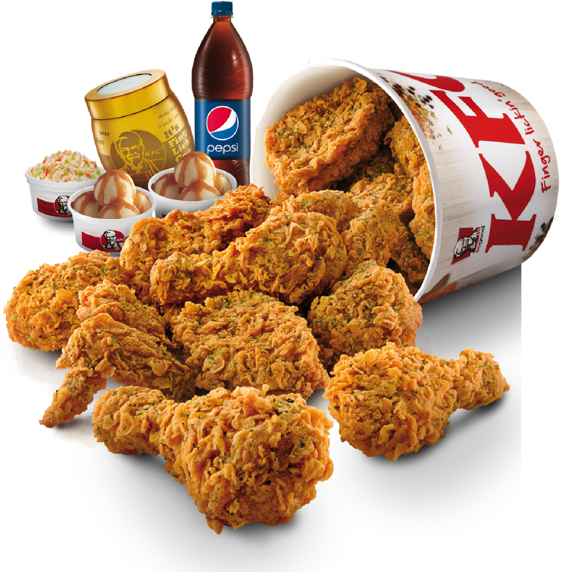肯德基 桌布 壁紙 — 金黃酥脆的KFC炸雞塊從品牌桶中溢出，伴隨著配菜和一瓶百事可樂，背景為黑色。