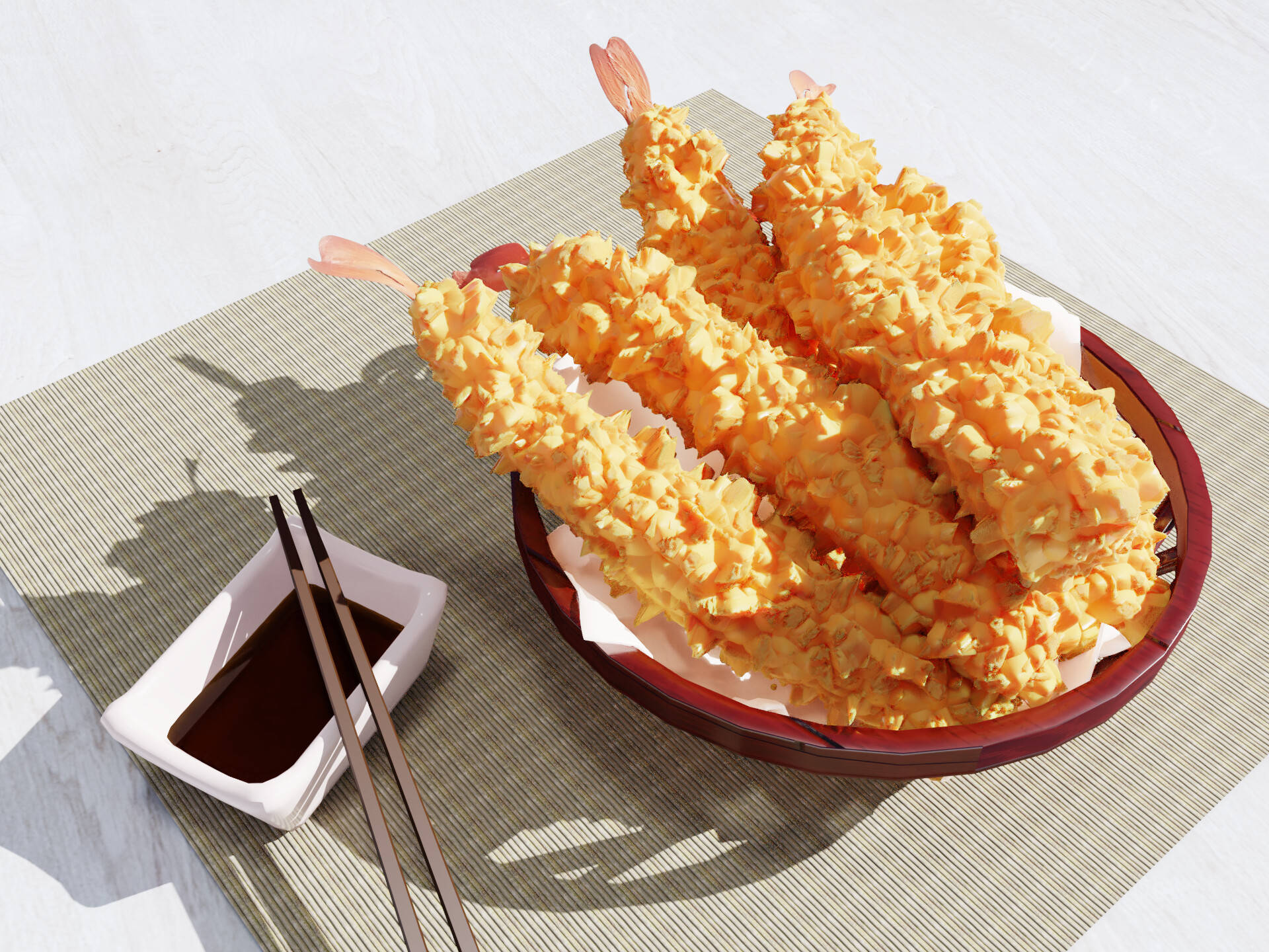 shrimp 桌布 壁紙 — 金黃酥脆的天婦羅蝦，盛載於木盤上，配以醬油和筷子，置於竹蓆上，在明亮陽光下。