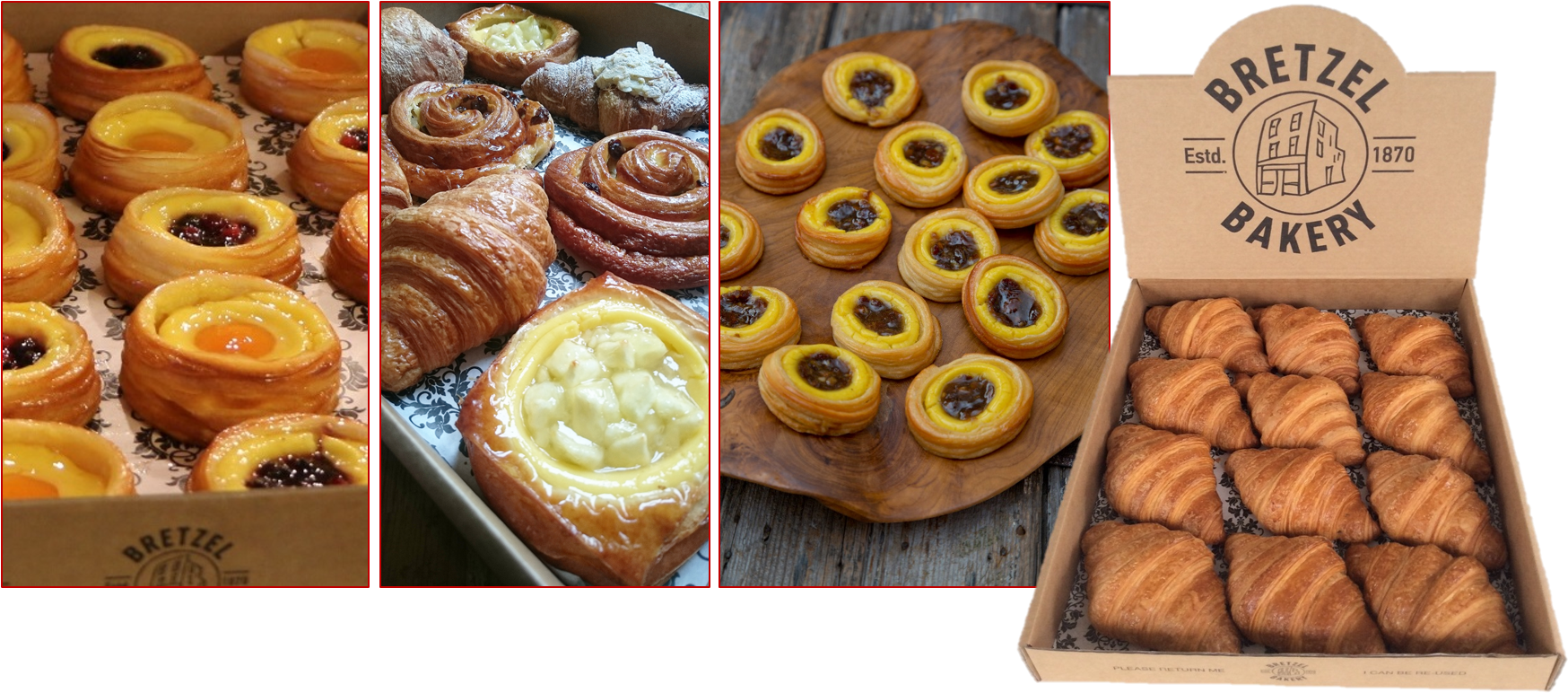 Pastries 桌布 壁紙 — 金黃酥脆的糕點和甜塔，陳列在麵包店盒子和木板上。