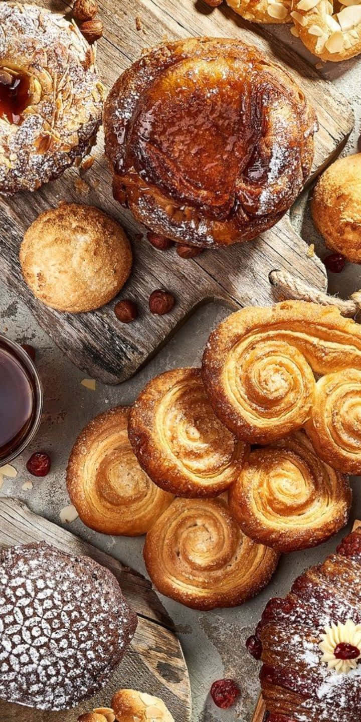 Pastry 桌布 壁紙 — 金黃酥脆的糕點和甜食擺放在質樸的木板上，散落著堅果和漿果。