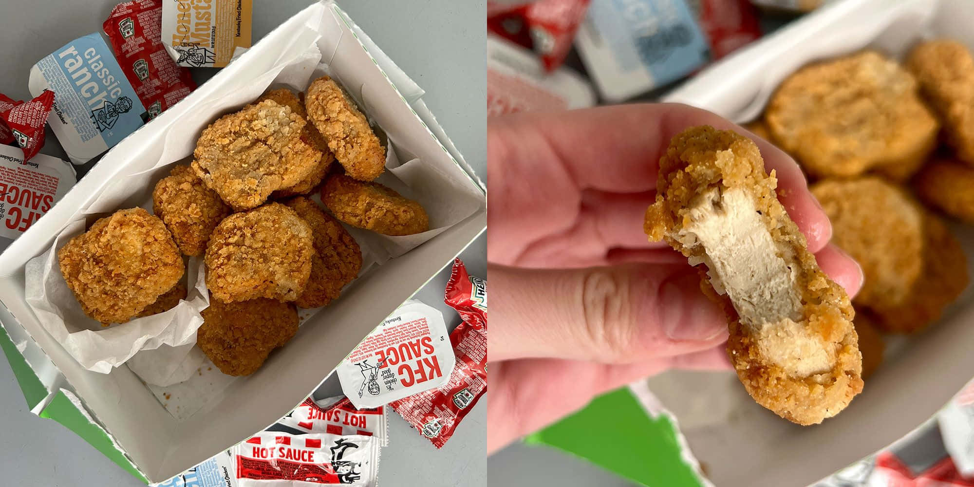 肯德基 桌布 壁紙 — 金黃酥脆的雞塊，內有奶油餡料，手持在醬料包旁邊。