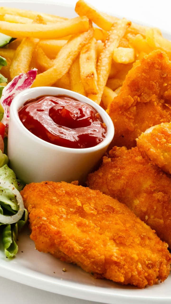 Chicken Nuggets 桌布 壁紙 — 金黃酥脆的雞塊和厚切薯條，配上番茄醬和新鮮沙拉蔬菜，放在白色盤子上。