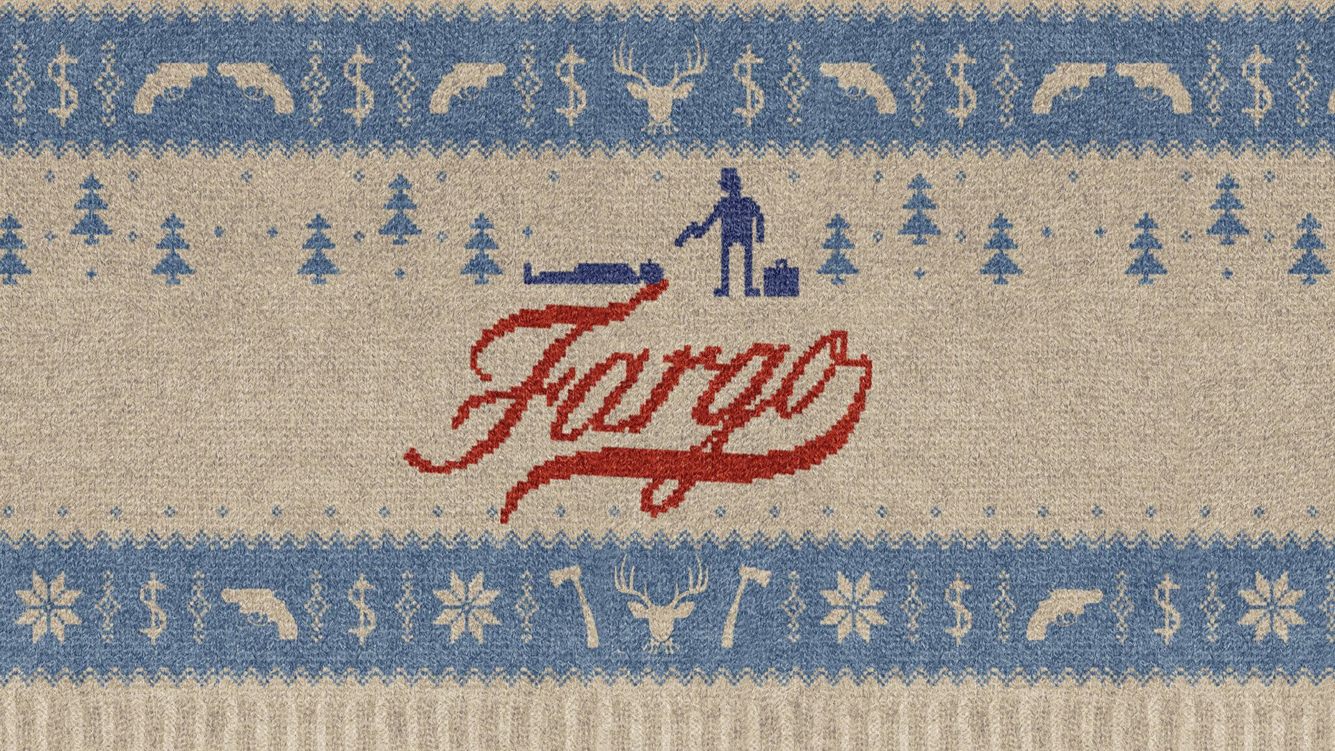 標誌 桌布 壁紙 — 針織毛衣圖案，以紅色草書寫著「Fargo」字樣，搭配藍色雪花、槍支、鹿和松樹，底色為米色和藍色條紋。