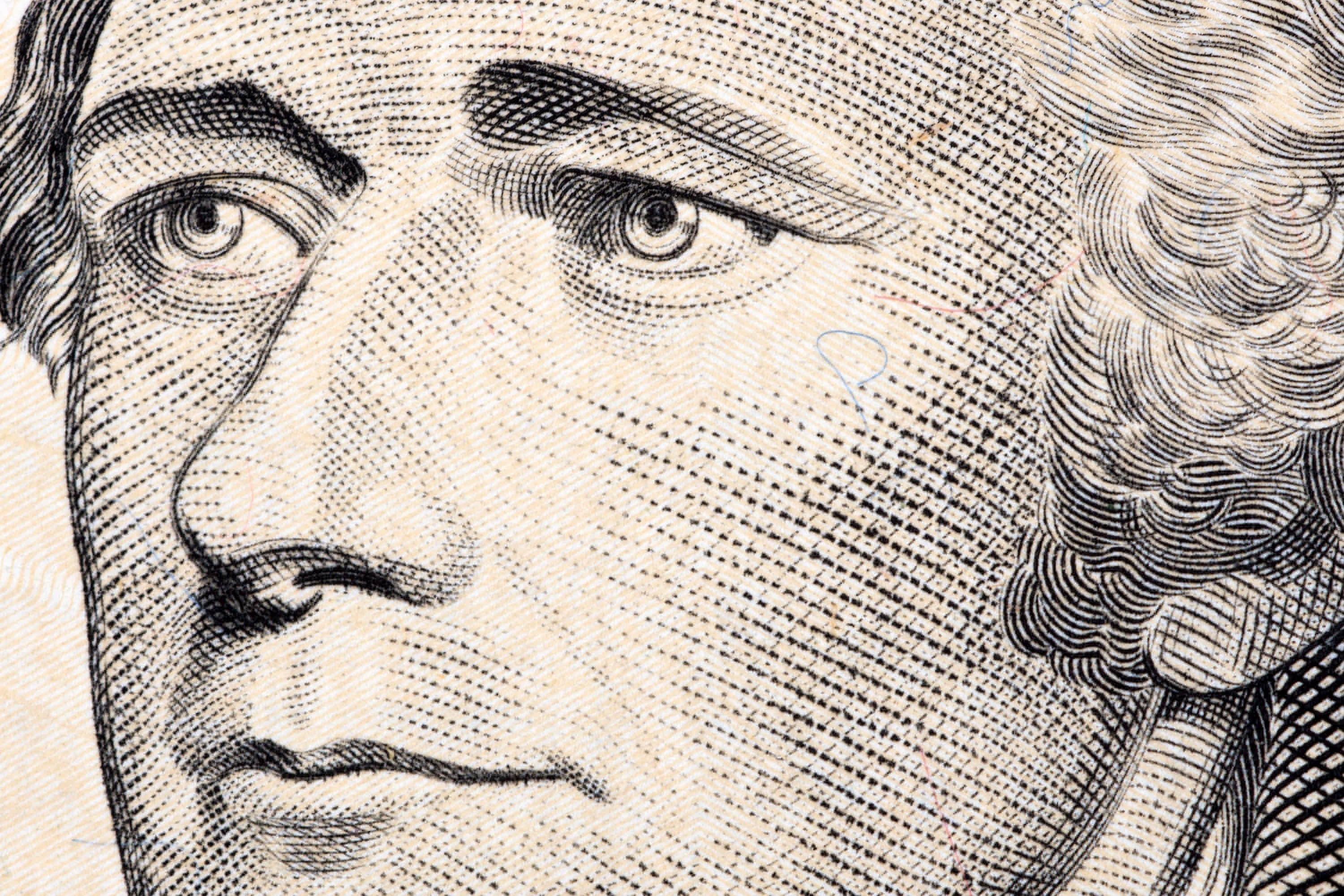 Alexander Hamilton 桌布 壁紙 — 鈔票上男子臉部的特寫，帶有複雜的點陣雕刻和精細的捲髮。