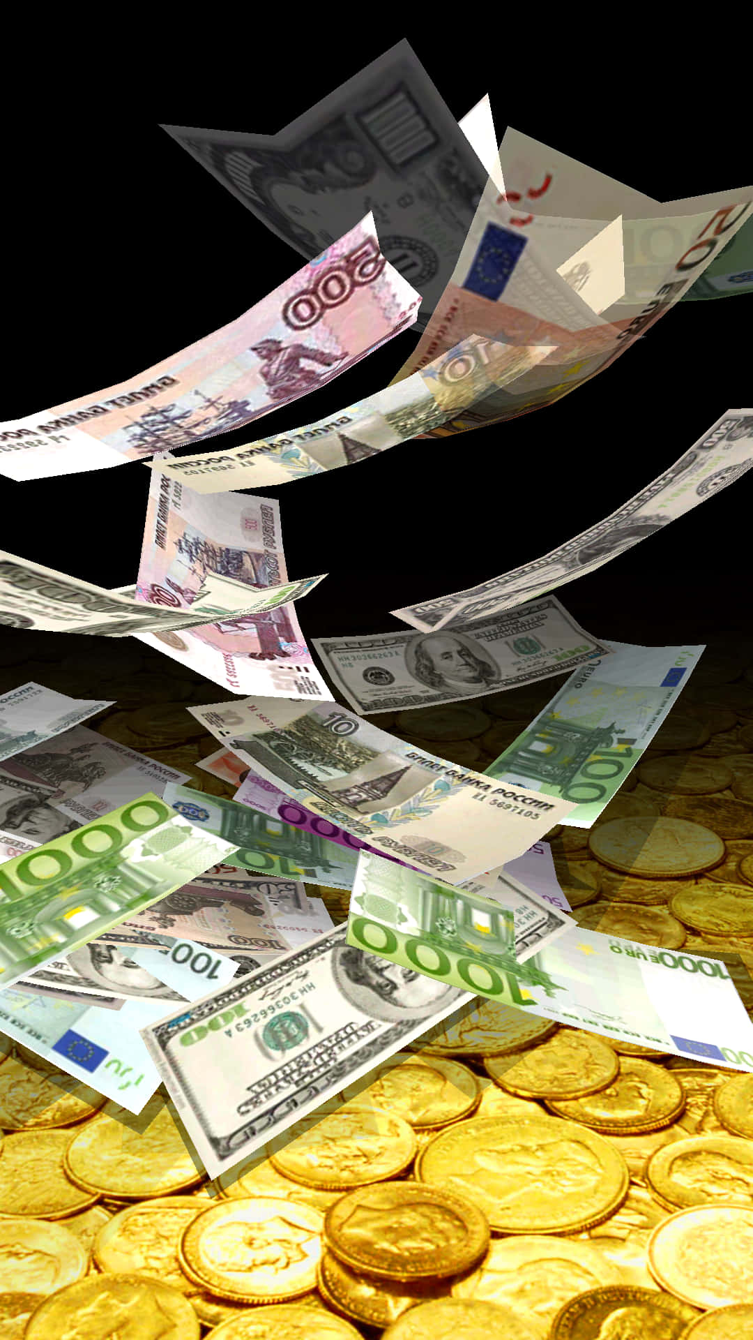 Falling Money 桌布 壁紙 — 鈔票和金幣在黑色背景上動態地層疊，營造出奢華的財富展示。