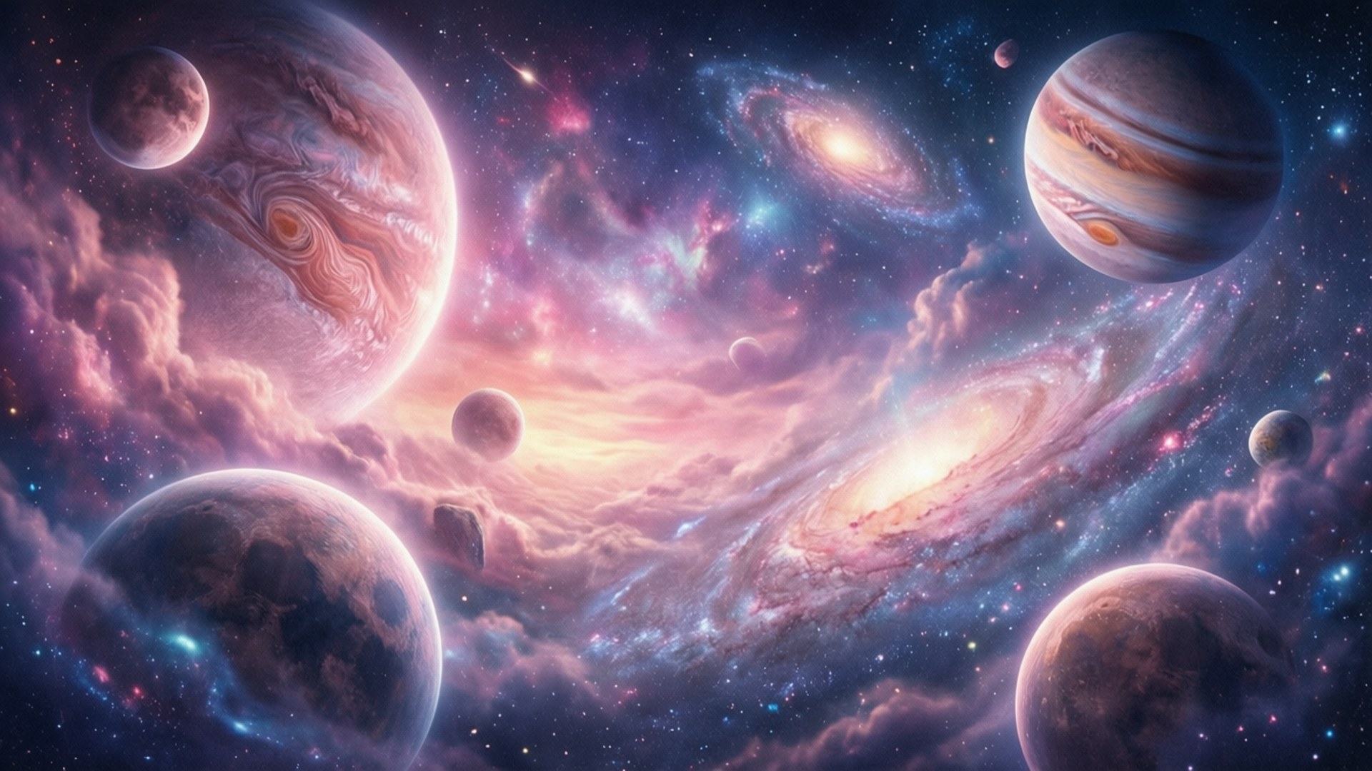 銀河夢境空間 壁紙 — 充滿活力的宇宙場景，有旋轉的星系和色彩繽紛的行星漂浮在發光的星雲和星星之間。