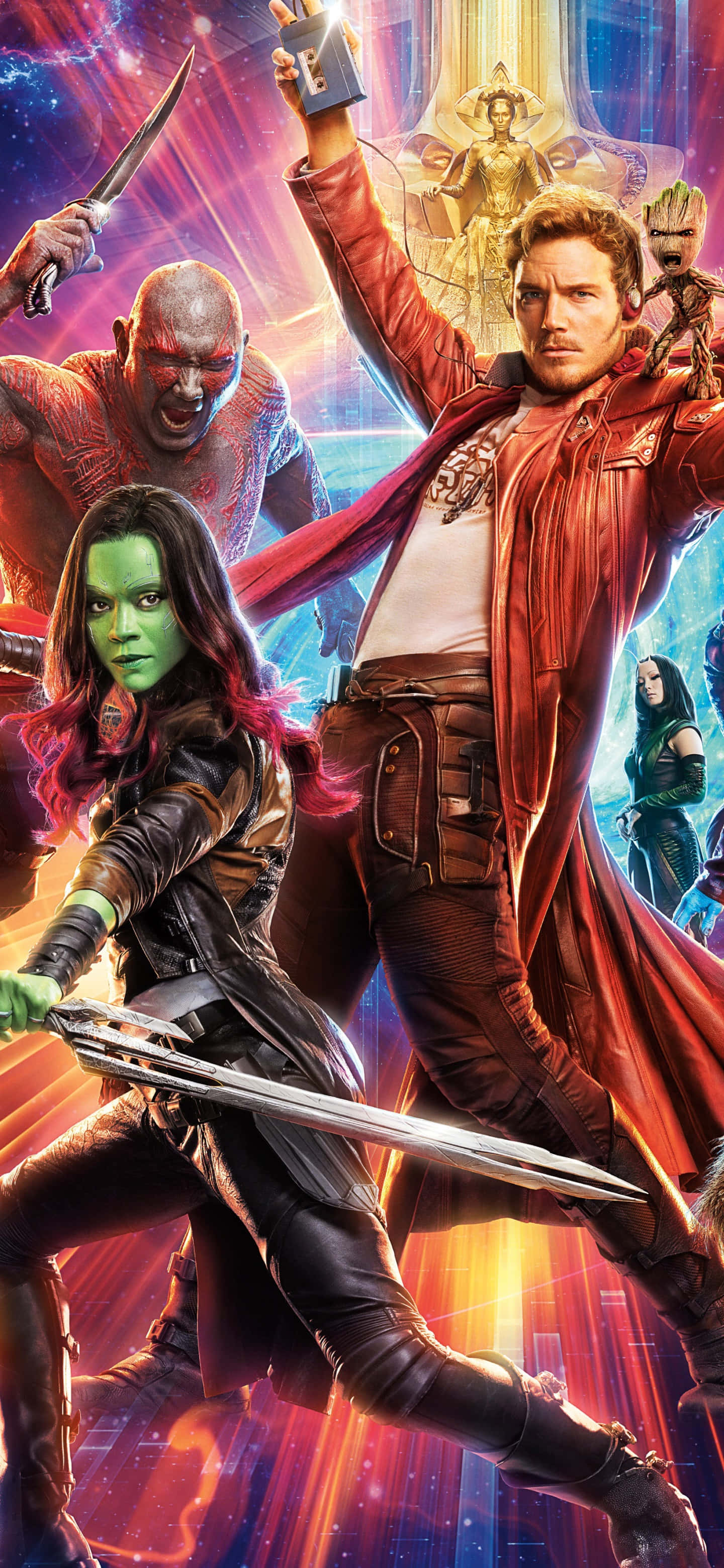 Guardians Of The Galaxy 2 桌布 壁紙 — 銀河守護者以動感動作姿勢，在宇宙背景下展現發光能量效果。
