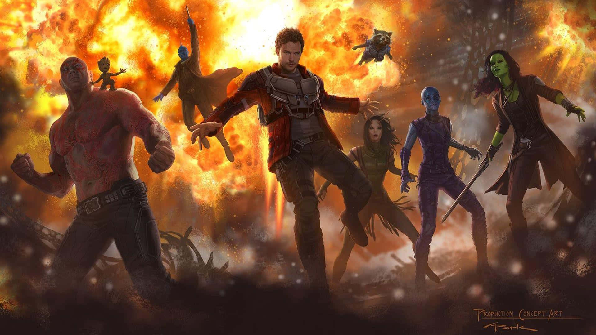 Guardians Of The Galaxy 2 桌布 壁紙 — 銀河守護者以動態姿勢和強烈表情，英勇地對抗熾熱的宇宙爆炸。