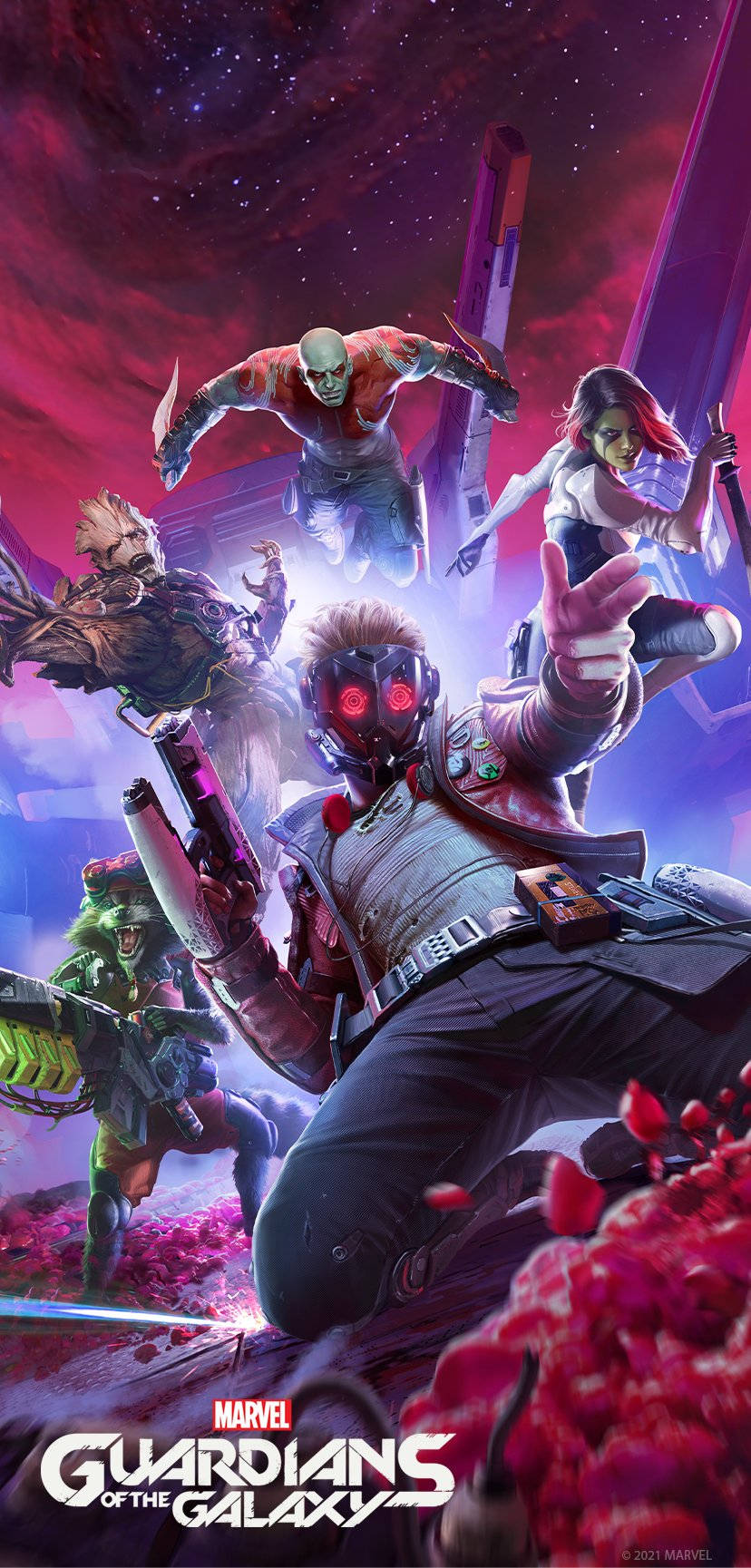 4K Guardians Of The Galaxy 桌布 壁紙 — 銀河守護者團隊以動態動作姿勢，背景是充滿活力的粉紅色、紫色和藍色色調的宇宙星雲。