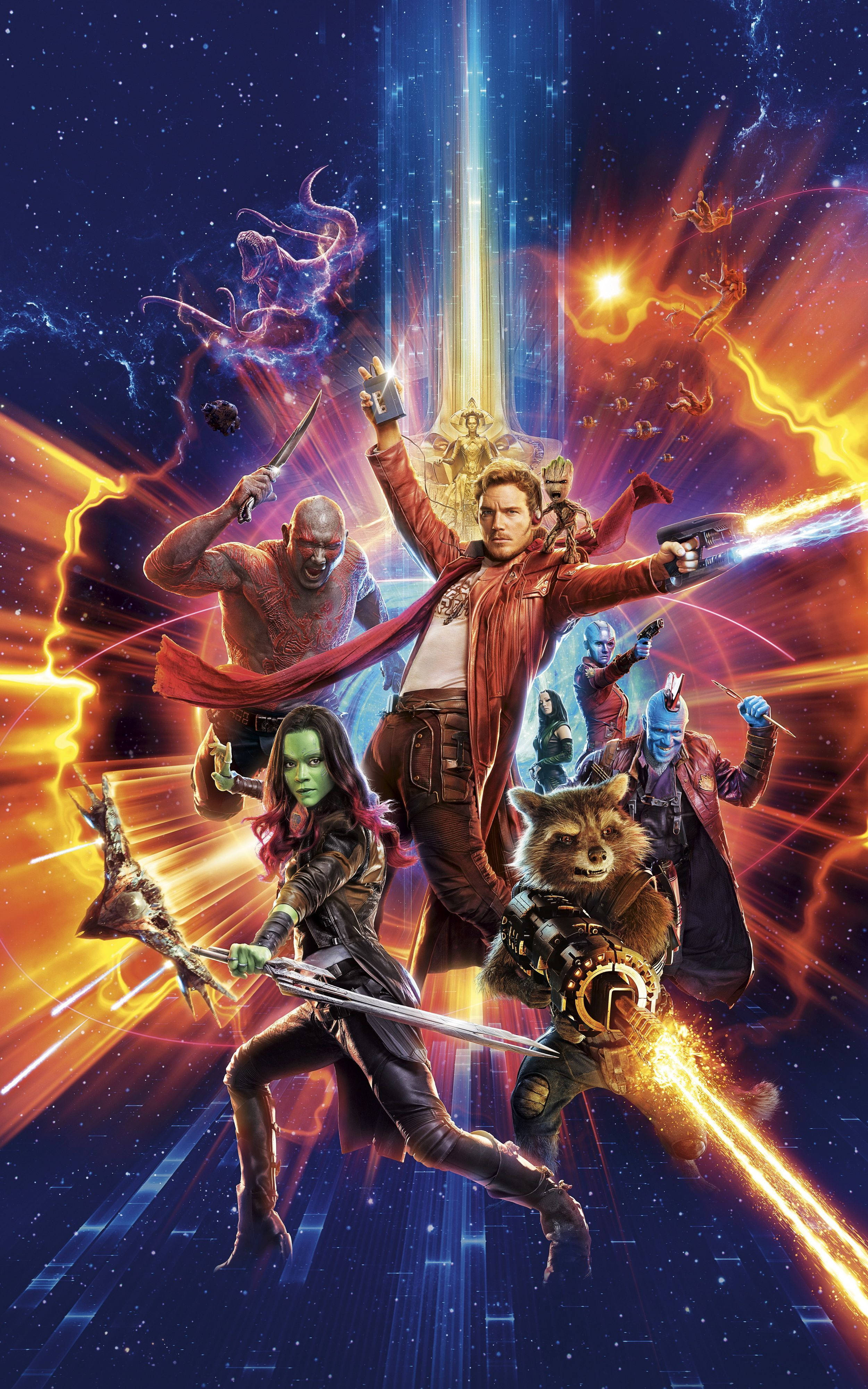 4K Guardians Of The Galaxy 桌布 壁紙 — 銀河守護者團隊在充滿星星和能量光束的宇宙背景下擺出動態動作姿勢。