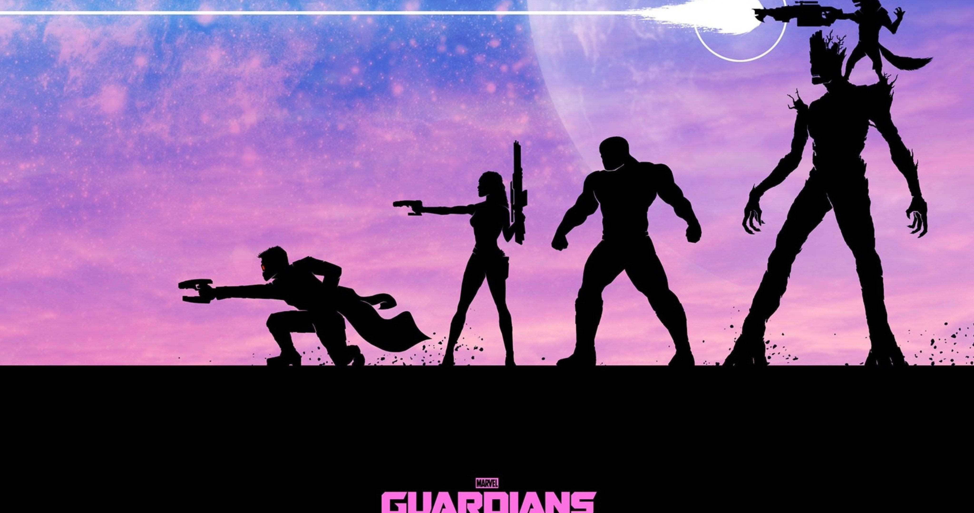 4K Guardians Of The Galaxy 桌布 壁紙 — 銀河守護者的剪影在充滿活力的紫色和粉紅色宇宙天空下，伴隨著發光的月亮，英勇地站立著。