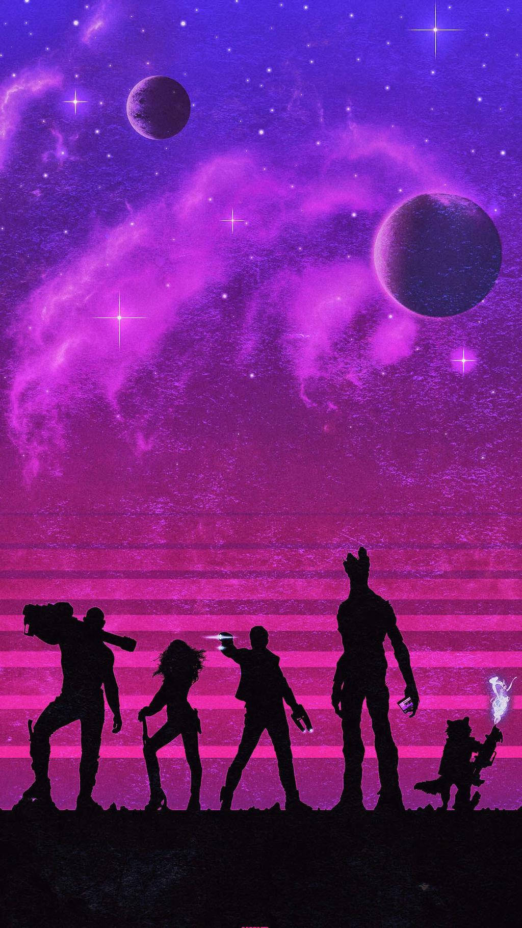星際異攻隊 桌布 壁紙 — 銀河守護者的剪影站在一顆行星上，背景是充滿活力的紫色星雲和閃爍的星星。