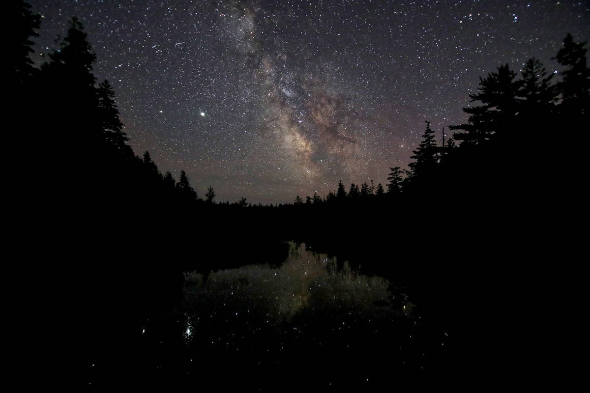 黑夜 桌布 壁紙 — 銀河系在繁星點點的夜空下，於寧靜的湖面上拱起，四周環繞著深色松樹。