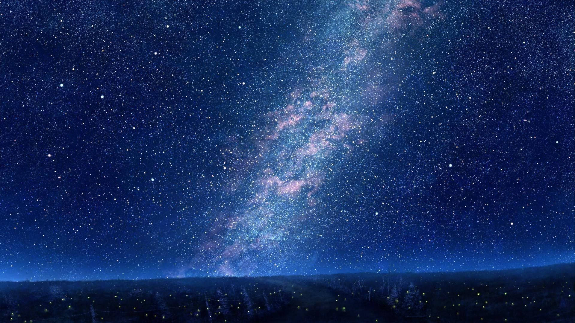 夜空 桌布 壁紙 — 銀河系橫跨深藍色夜空，在黑暗剪影景觀上方拱起的壯麗景色。