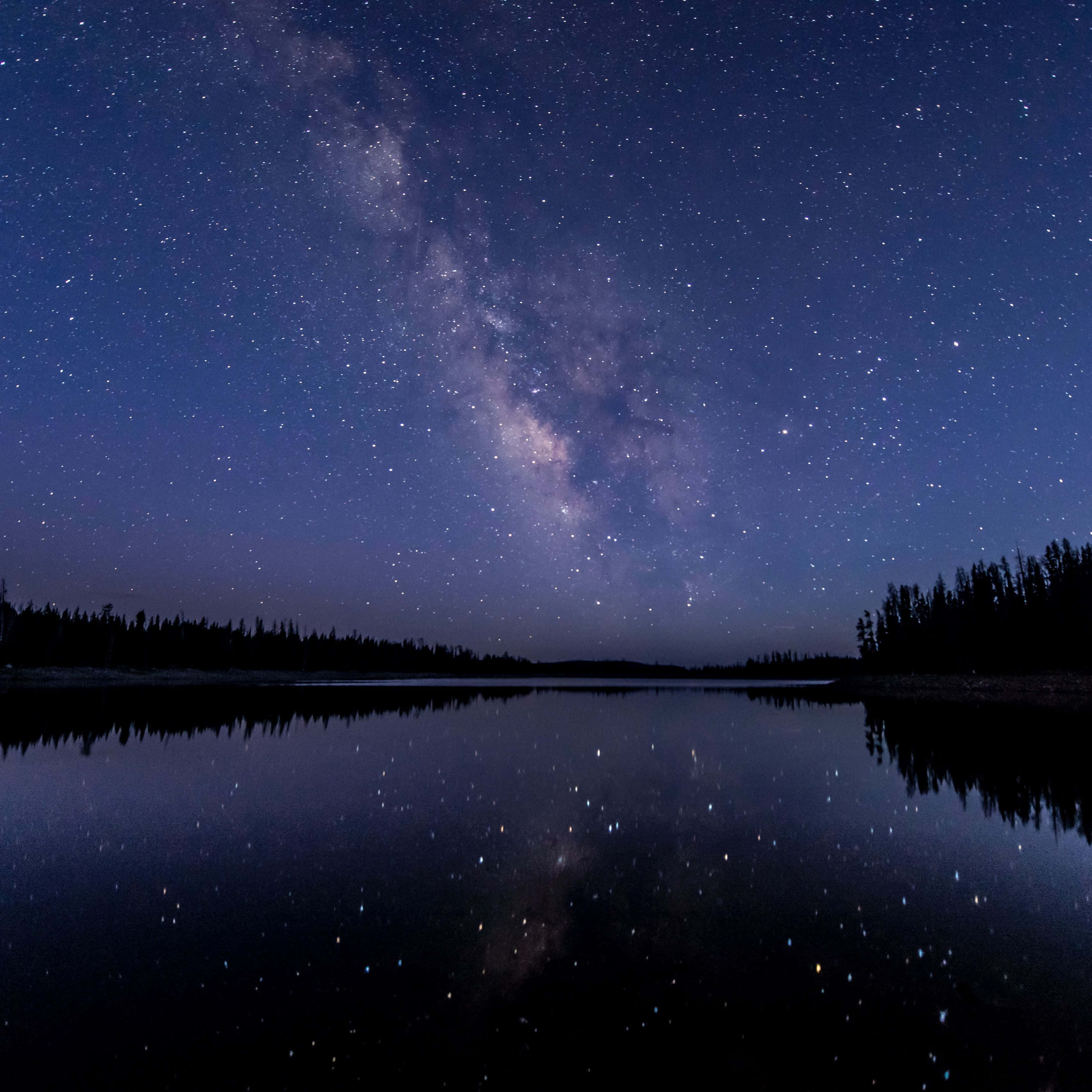 Star Sky 桌布 壁紙 — 銀河系橫跨繁星點點的夜空，完美倒映在平靜的湖面上，四周環繞著深色的松樹。