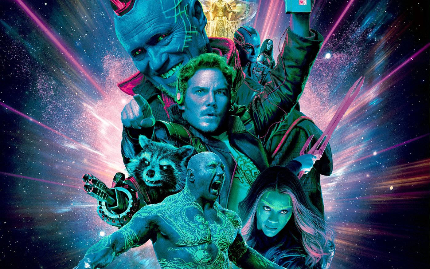4K Guardians Of The Galaxy 桌布 壁紙 — 銀河英雄在充滿霓虹條紋和星空的宇宙背景下動態擺姿勢，構成充滿活力的科幻海報。