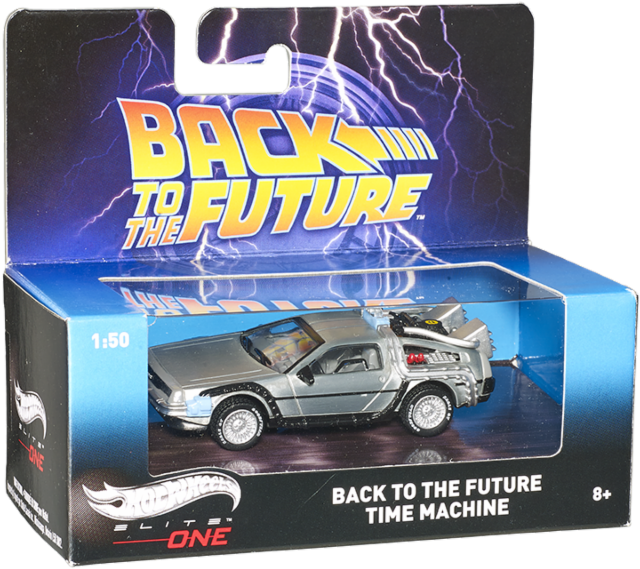 回到未來 桌布 壁紙 — 銀色 DeLorean 時光機玩具車，附有『回到未來』品牌包裝及閃電效果。