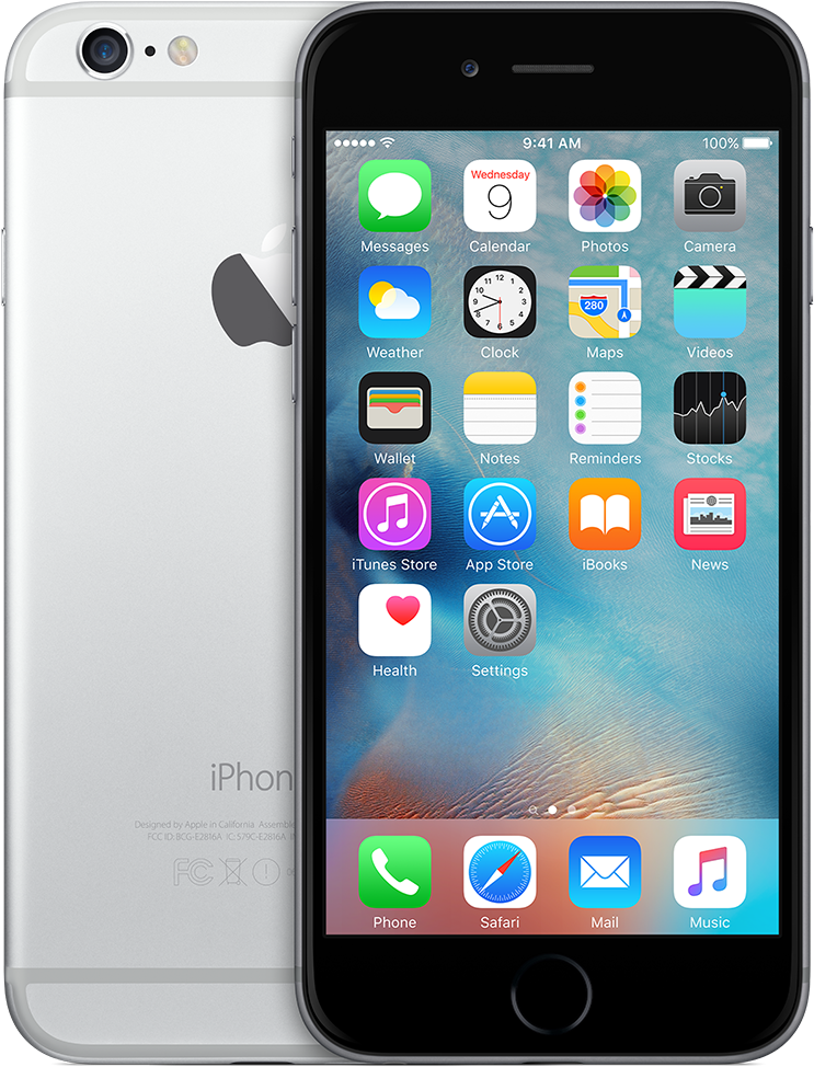 Smart Phone 桌布 壁紙 — 銀色 iPhone 6s 正面和背面展示，iOS 主畫面顯示應用程式圖示和藍色紋理壁紙。