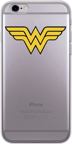 iPhone 桌布 壁紙 — 銀色 iPhone 6s 背面，中央有一個大膽的黃色神力女超人標誌貼紙，位於其霧面飾面上。