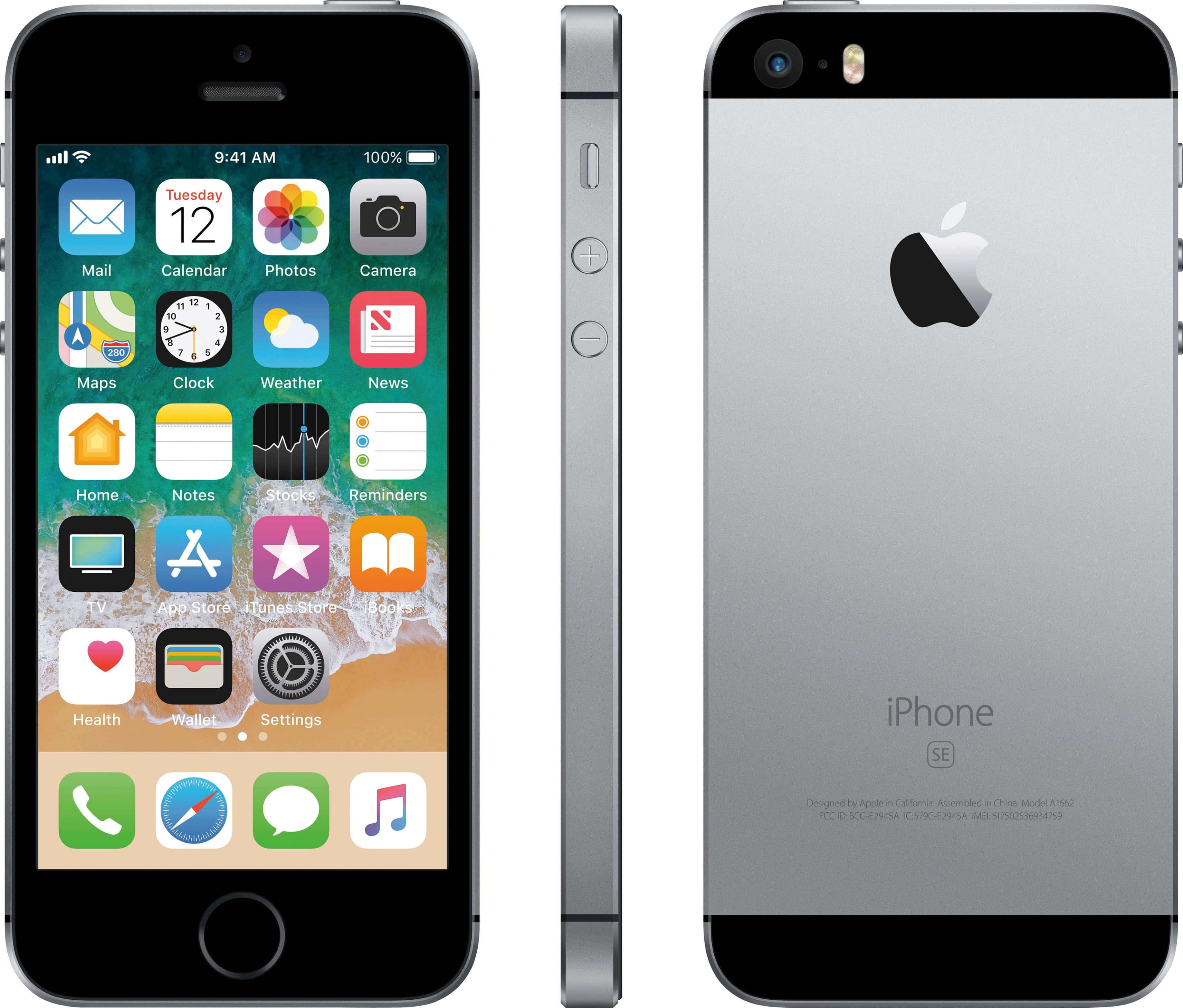 Apple Phone 桌布 壁紙 — 銀色 iPhone SE 的三個視圖，顯示前置螢幕應用程式、側面輪廓和背面 Apple 標誌。