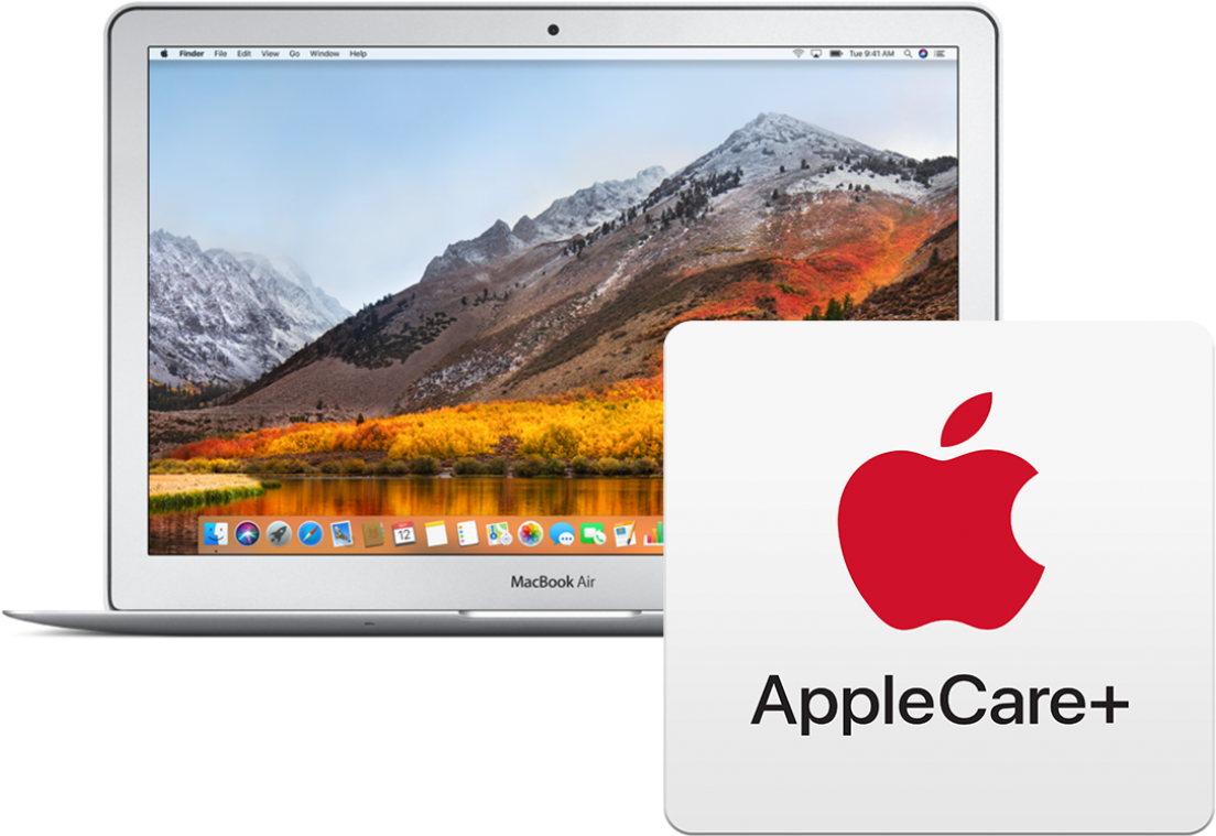 MacBook 動態圖片 桌布 壁紙 — 銀色 MacBook Air 在白色 AppleCare+ 卡（帶紅色標誌）旁邊顯示秋季山脈桌布。