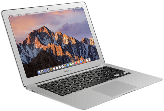 MacBook 動態圖片 桌布 壁紙 — 銀色 MacBook Air 筆記型電腦打開，顯示在粉紅色和紫色日落天空下的雪山山脈。