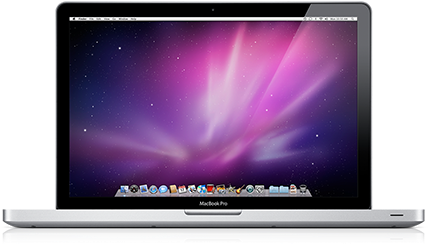 MacBook 動態圖片 桌布 壁紙 — 銀色 MacBook Pro 筆記型電腦顯示充滿活力的紫色和粉紅色宇宙桌布，帶有星場和應用程式 Dock。