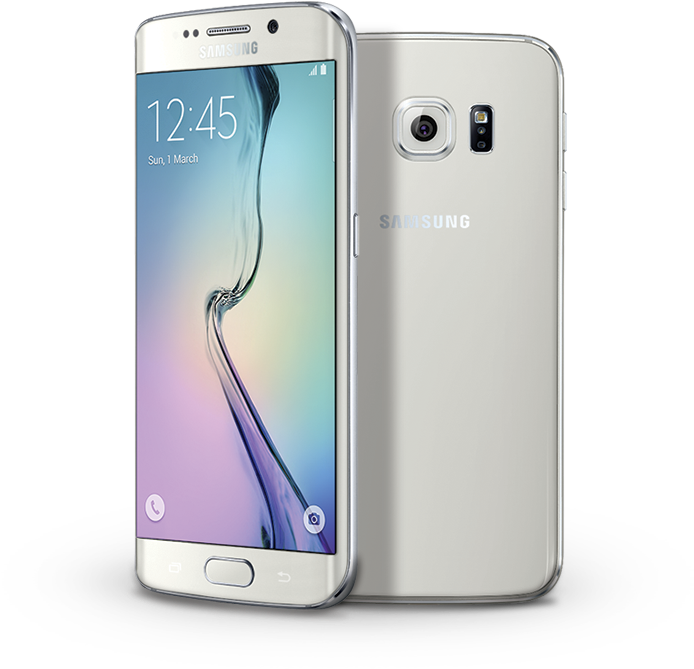 Product 桌布 壁紙 — 銀色 Samsung Galaxy S6 Edge 智慧型手機正面和背面顯示在黑色背景上，彎曲螢幕顯示時間和日期。