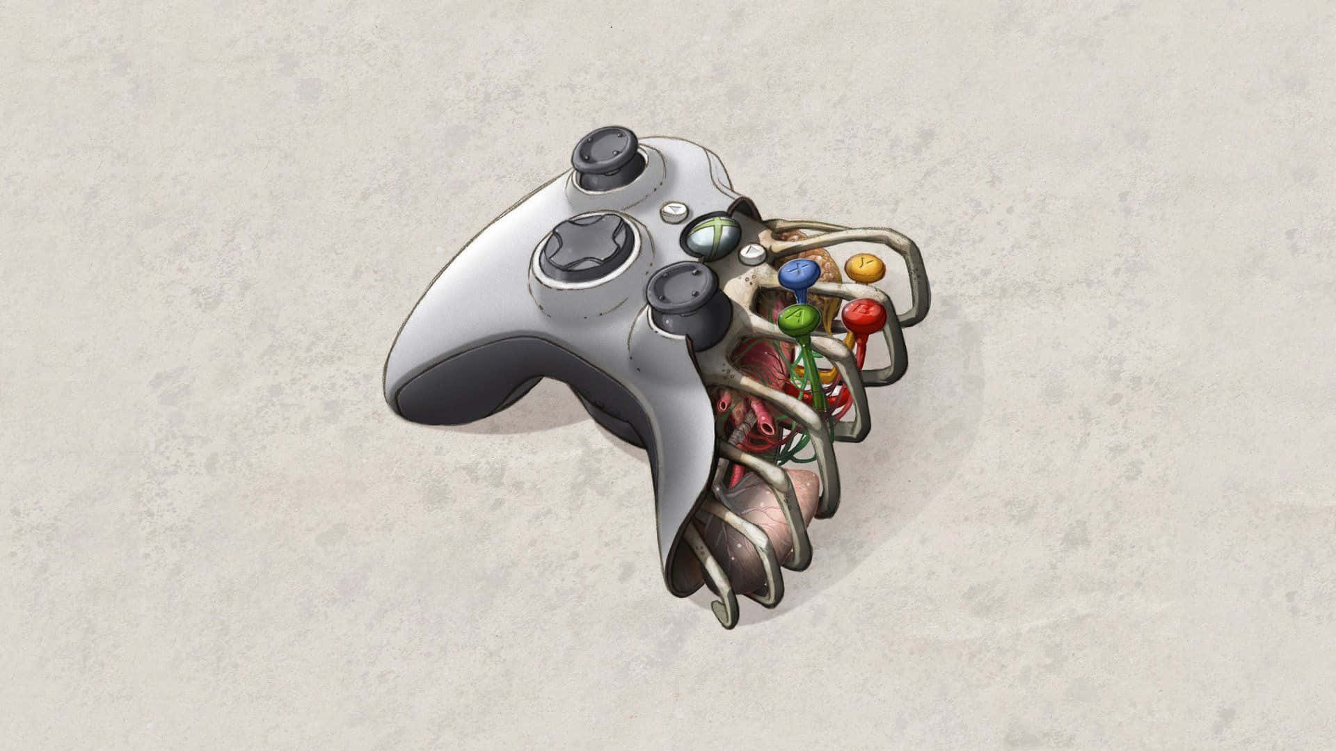 Xbox 桌布 壁紙 — 銀色 Xbox 控制器，內部接線暴露並被彩色遊戲控制器按鈕取代。