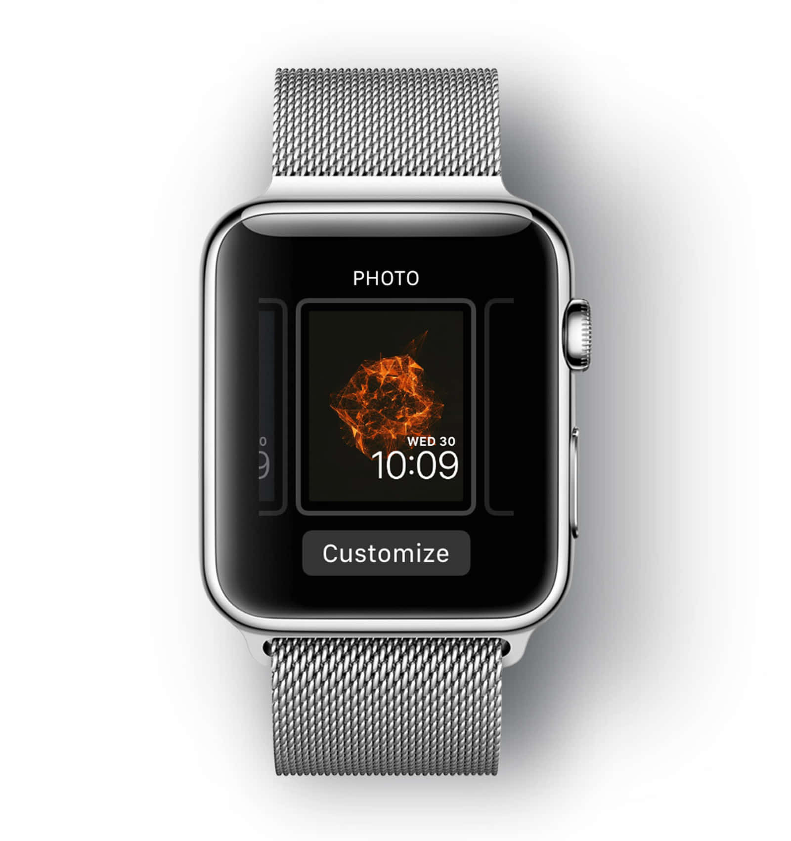 Apple Watch 動態 桌布 壁紙 — 銀色Apple Watch配網狀錶帶，在純白背景上顯示一張熾熱的抽象照片作為錶面。