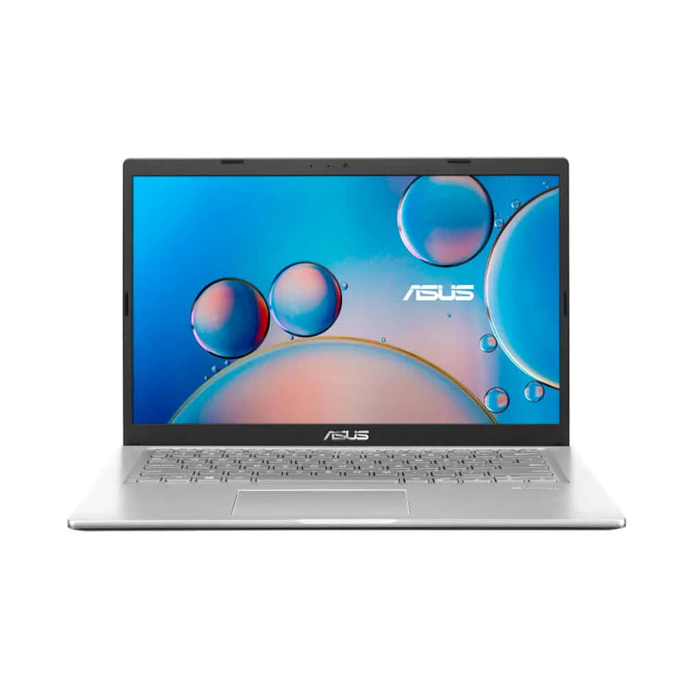 ASUS 桌布 壁紙 — 銀色ASUS筆記型電腦打開放在白色背景上，顯示充滿活力的藍色泡泡桌布。
