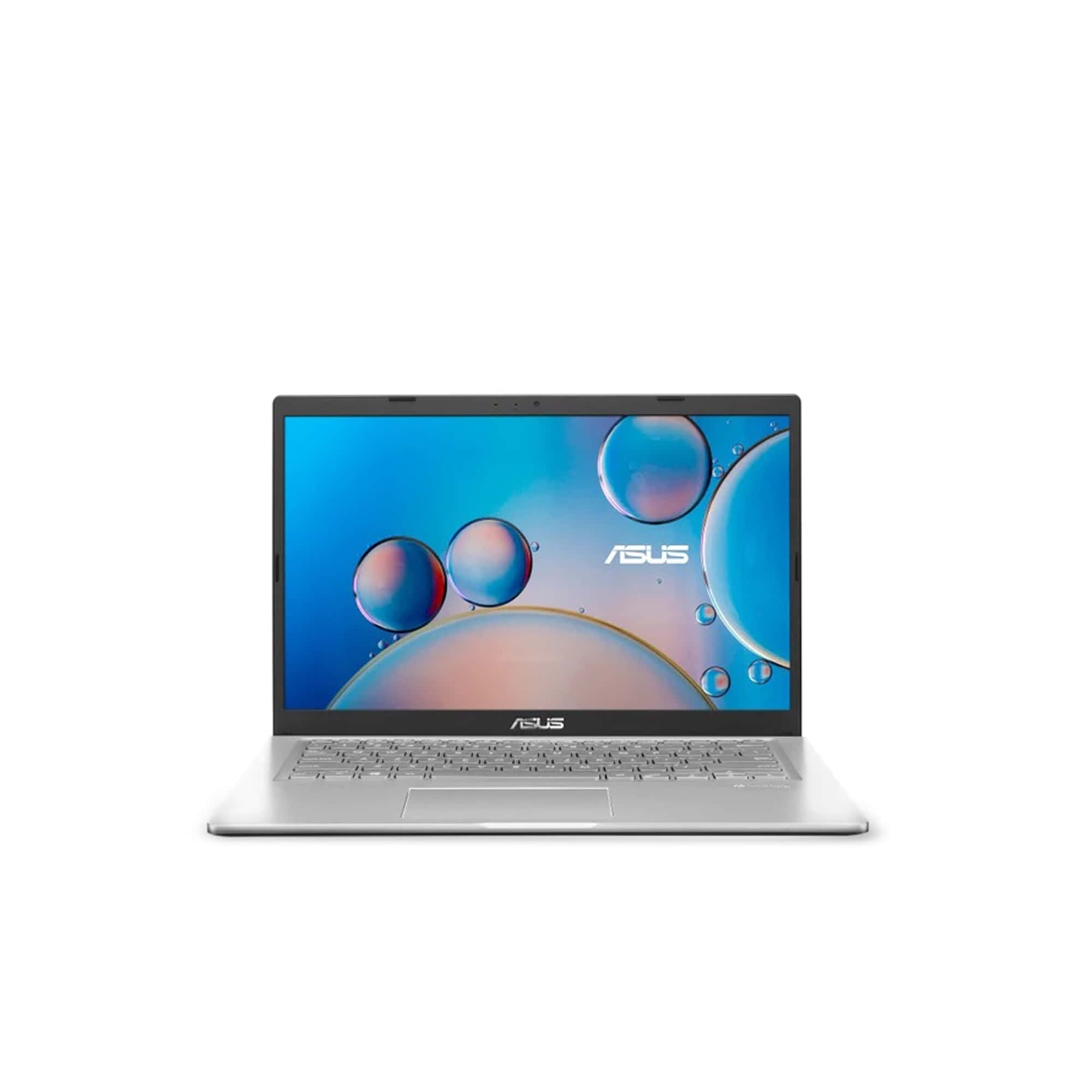 ASUS 桌布 壁紙 — 銀色ASUS筆記型電腦打開放在白色背景上，顯示充滿活力的藍色泡泡桌布。