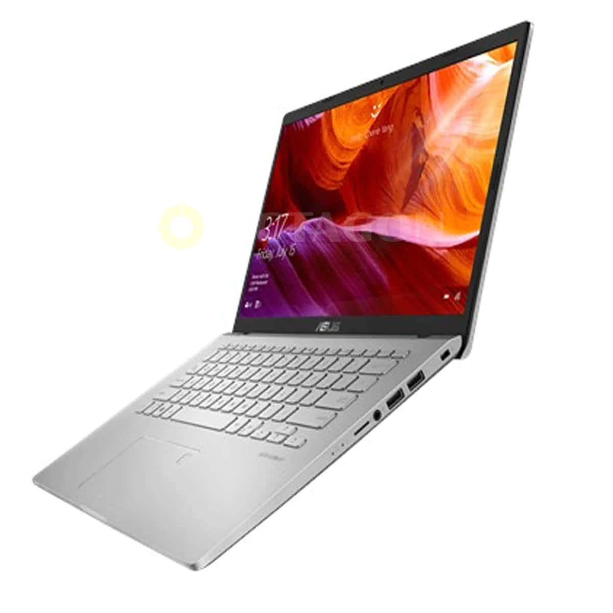 ASUS 桌布 壁紙 — 銀色ASUS筆記型電腦斜角打開，螢幕上顯示充滿活力的峽谷桌布，背景為純白色。