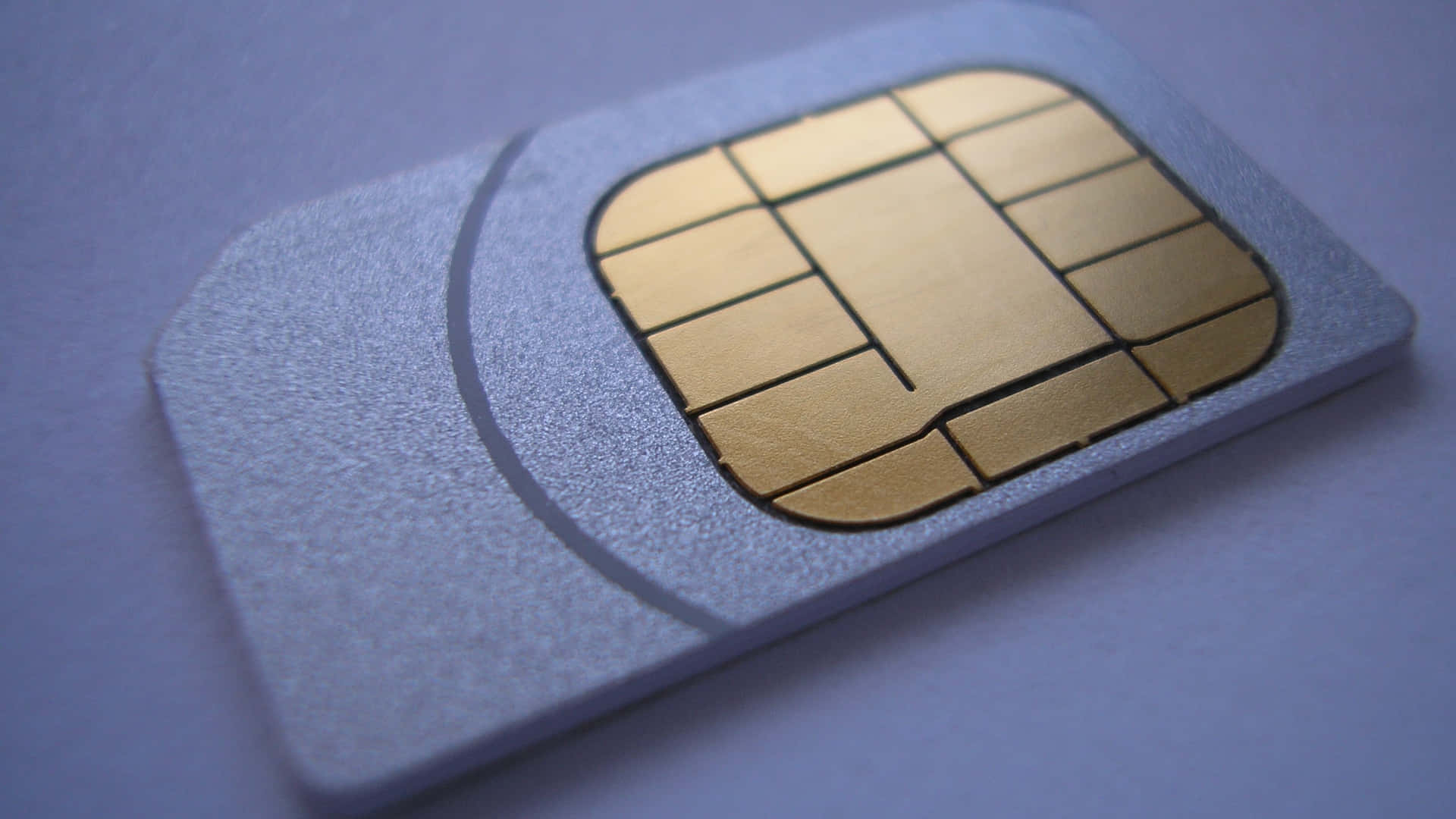 Sim Card. 壁紙 — 銀色SIM卡特寫，金色接觸點置於柔軟藍色表面上。