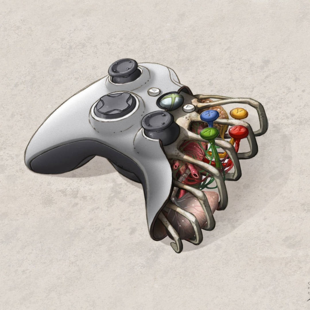 Xbox 桌布 壁紙 — 銀色Xbox控制器，內部器官外露，並被色彩繽紛的遊戲按鈕和機械零件取代。